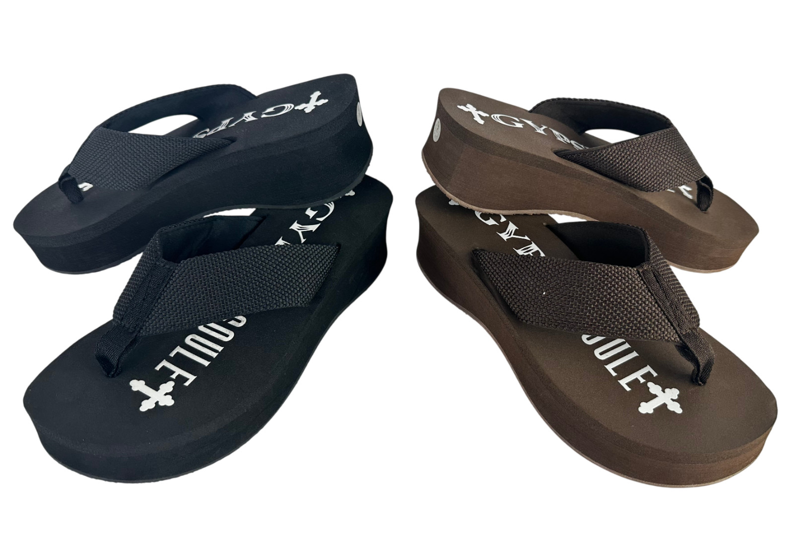 2 Pack Gypsy Soule 2" Heel Sandals BLACK / BROWN Platform Wedge Thong Flip Flops
