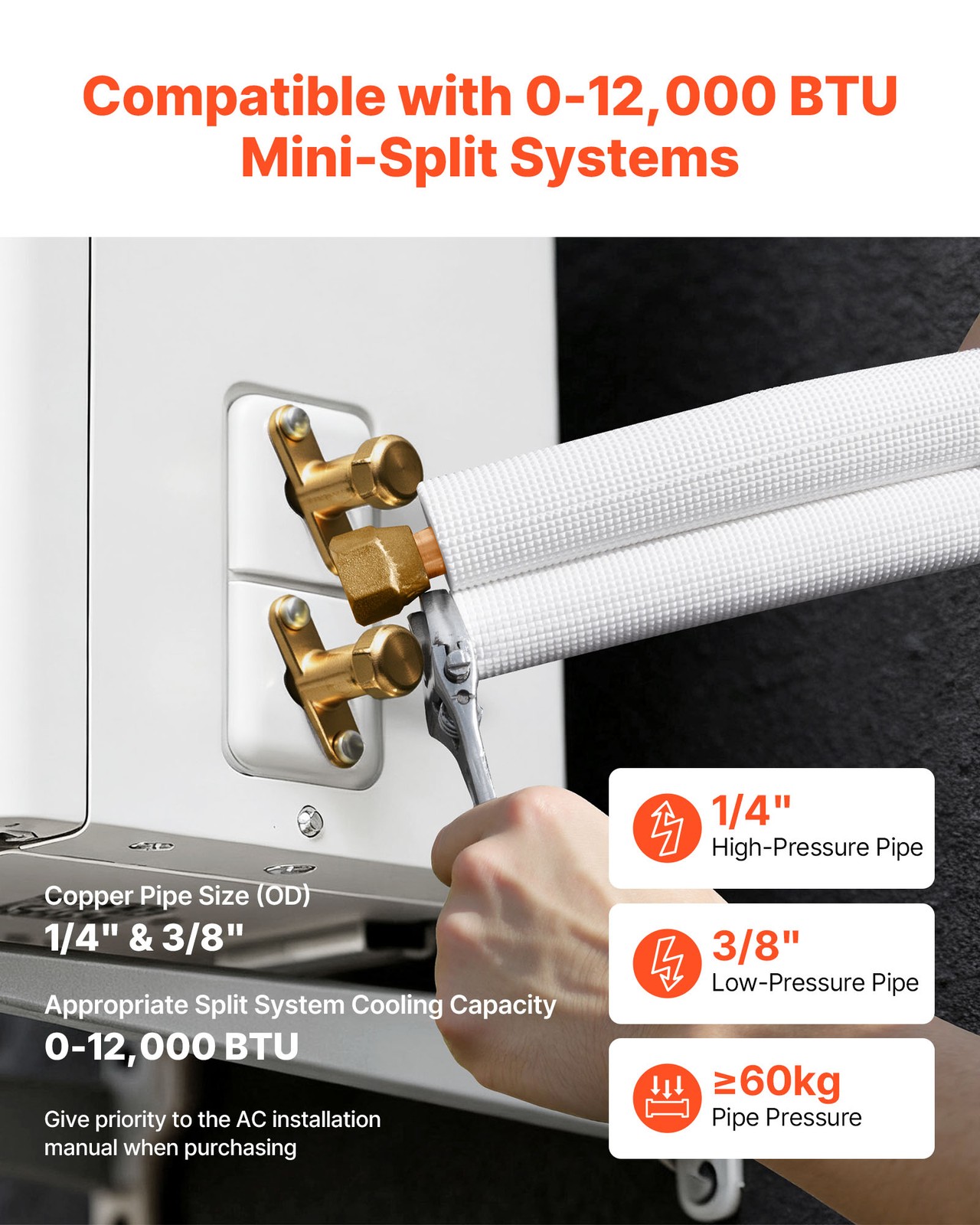 VEVOR 100ft Mini Split Line Set 1/4 3/8 OD AC Copper White PE Insulated Coil