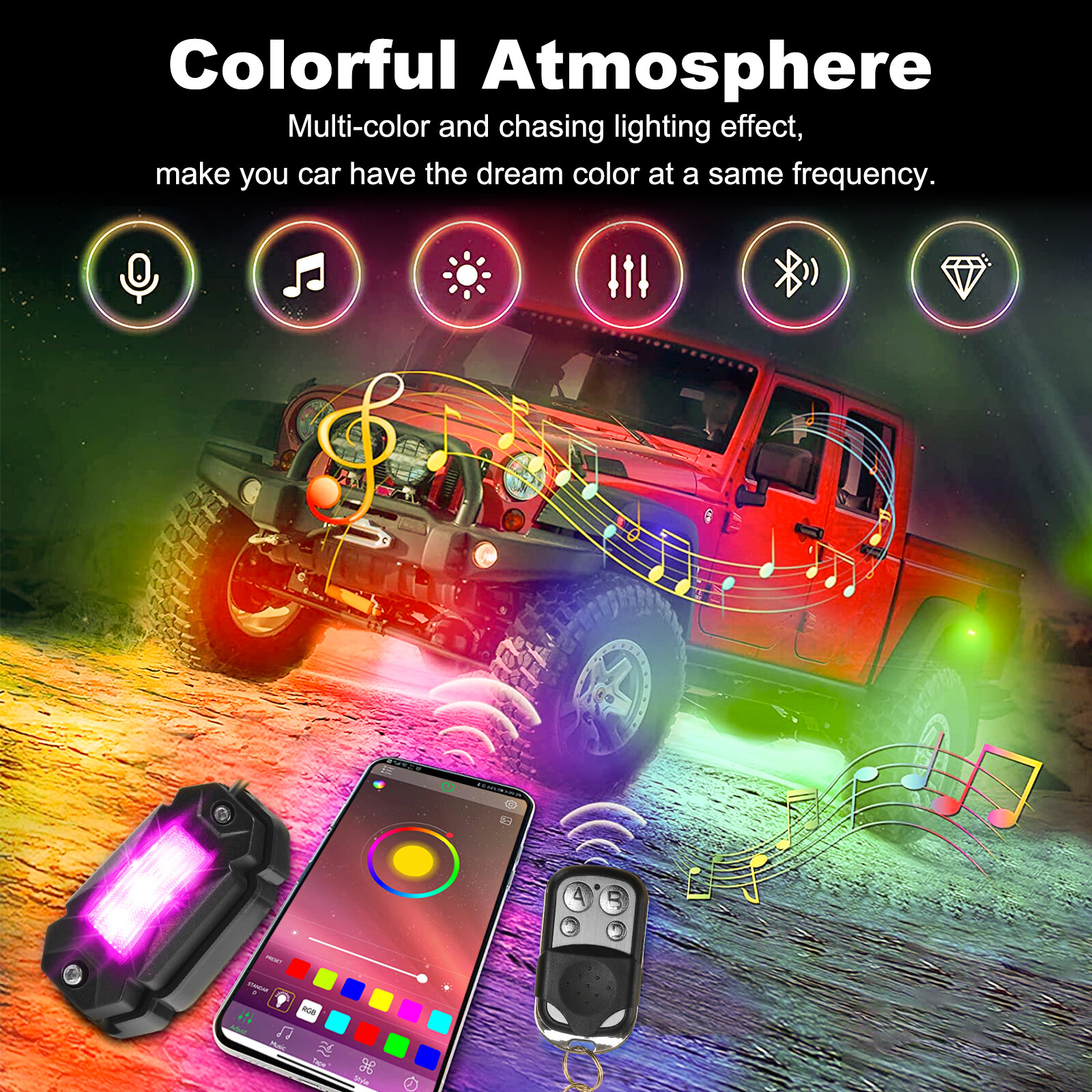 4 Pod RGB LED Rock Lights Underglow with Bluetooth APP Control For UTV ATV RZR