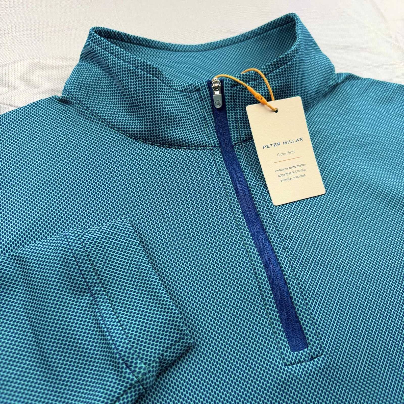 Peter Millar Crown Sport Perth Geo Print Quarter Zip Pullover Navy Green Large