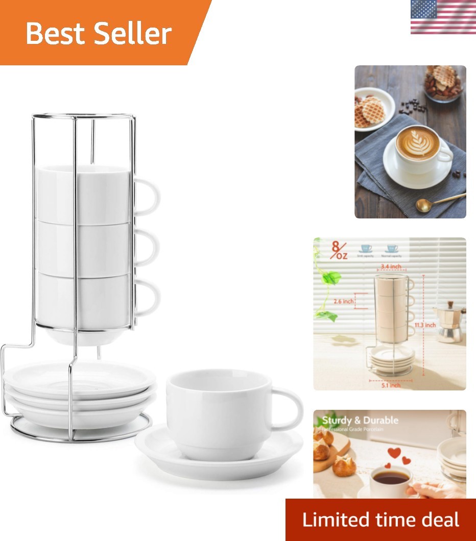 8 Ounce Porcelain Stackable Cappuccino Cups with Saucers and Metal Stand - fo...