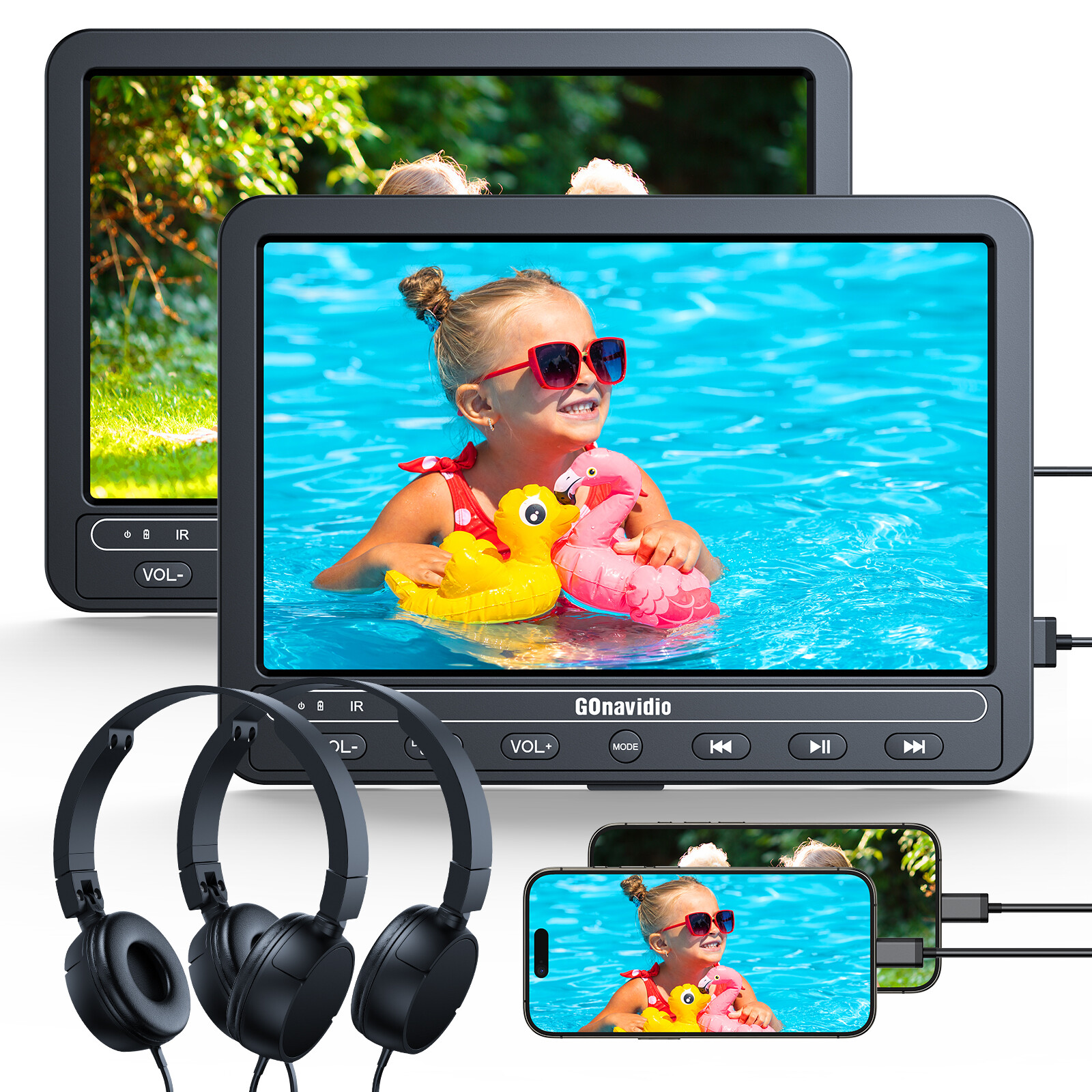 2X10.5" Car Headrest DVD Player TV for Kids Sync Screen HDMI SD USB +Headphones