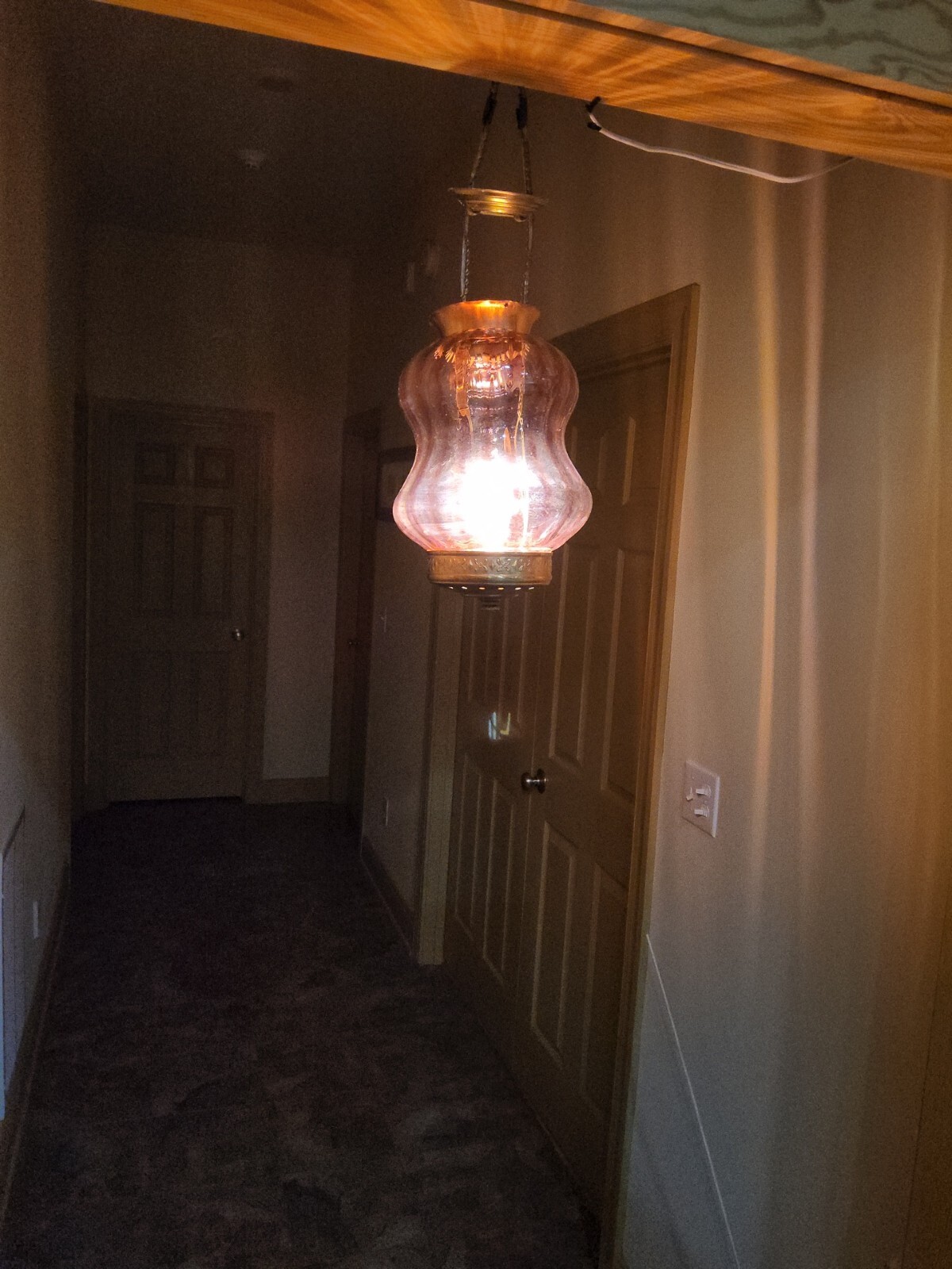 ATQ Victorian Cranberry Opalescent Striped Red Glass Pendant Ceiling Hall Light