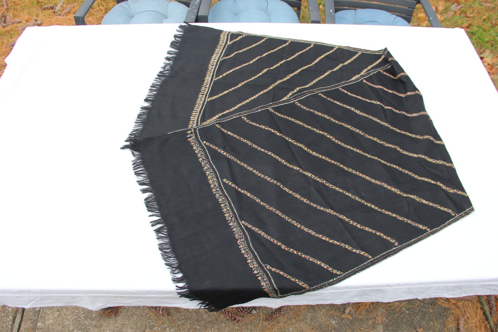 Wool Large Throw/Shawl Black Embroidered Trim and Fringe 76"x25"