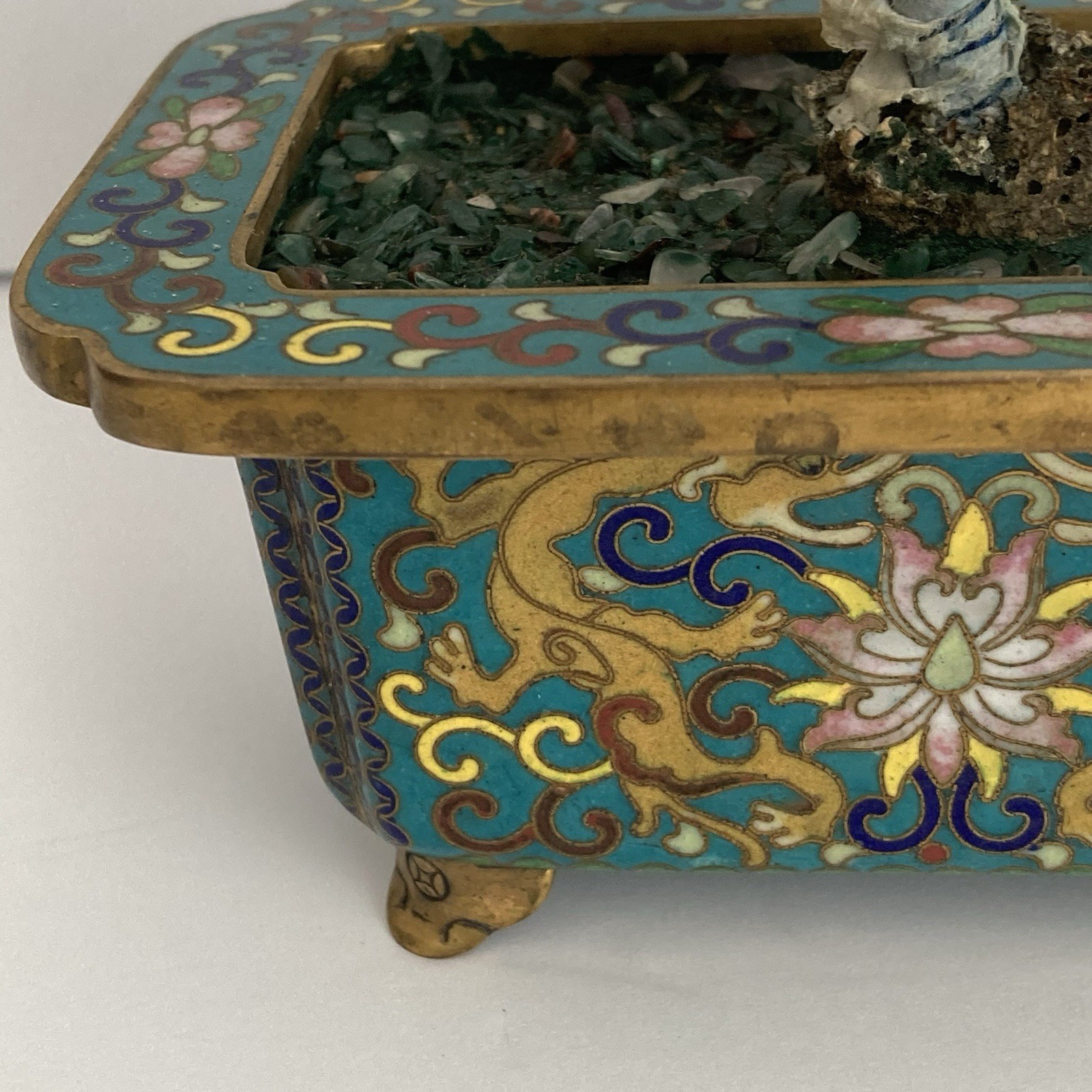 Pair Antique Chinese Jade Bonsai Tree in Cloisonne Pot w Amethyst Carnelian VTG