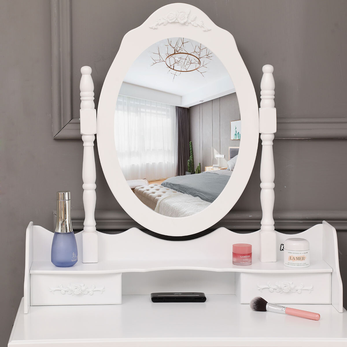 White Vanity Dressing Table Set With Mirror Stool 4 Drawers Makeup Desk Bedroom