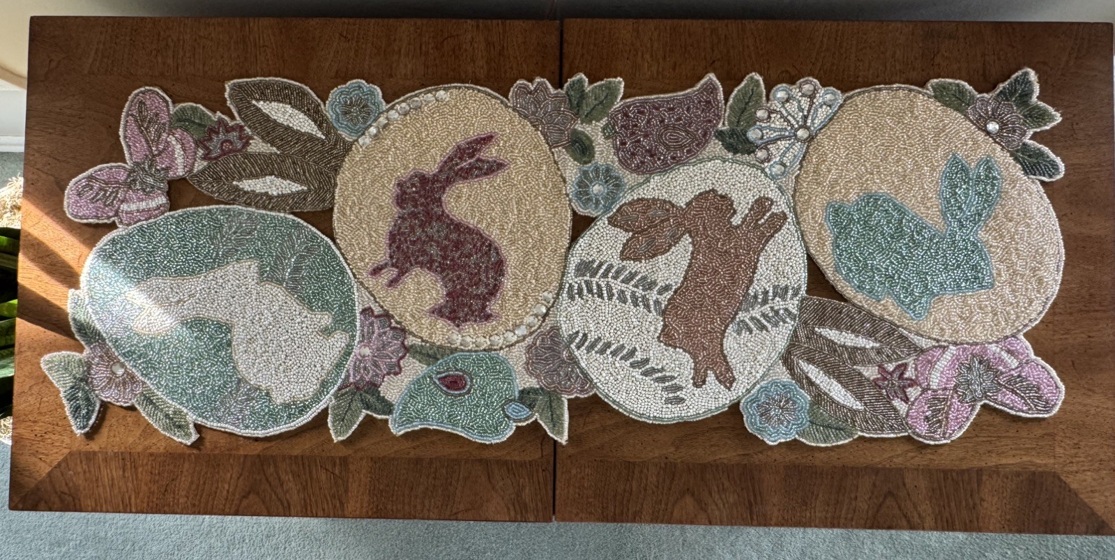 90s Pier 1 Imports Easter Egg & Bunny Rabbit Glass Beaded Table Runner 13” X 35”