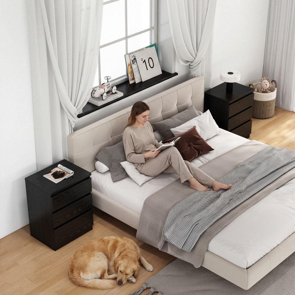 Modern Black Nightstand with 3 Drawers, Handle-Free Bedroom Dresser