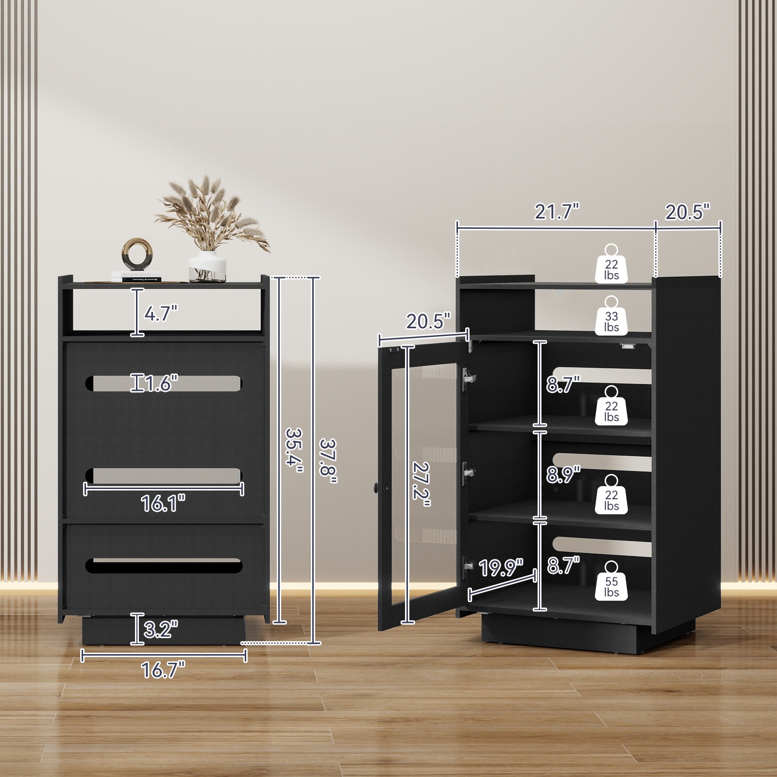 5-Tier Media Cabinet with LED Lights, Tempered Glass Door, Black AV Stand