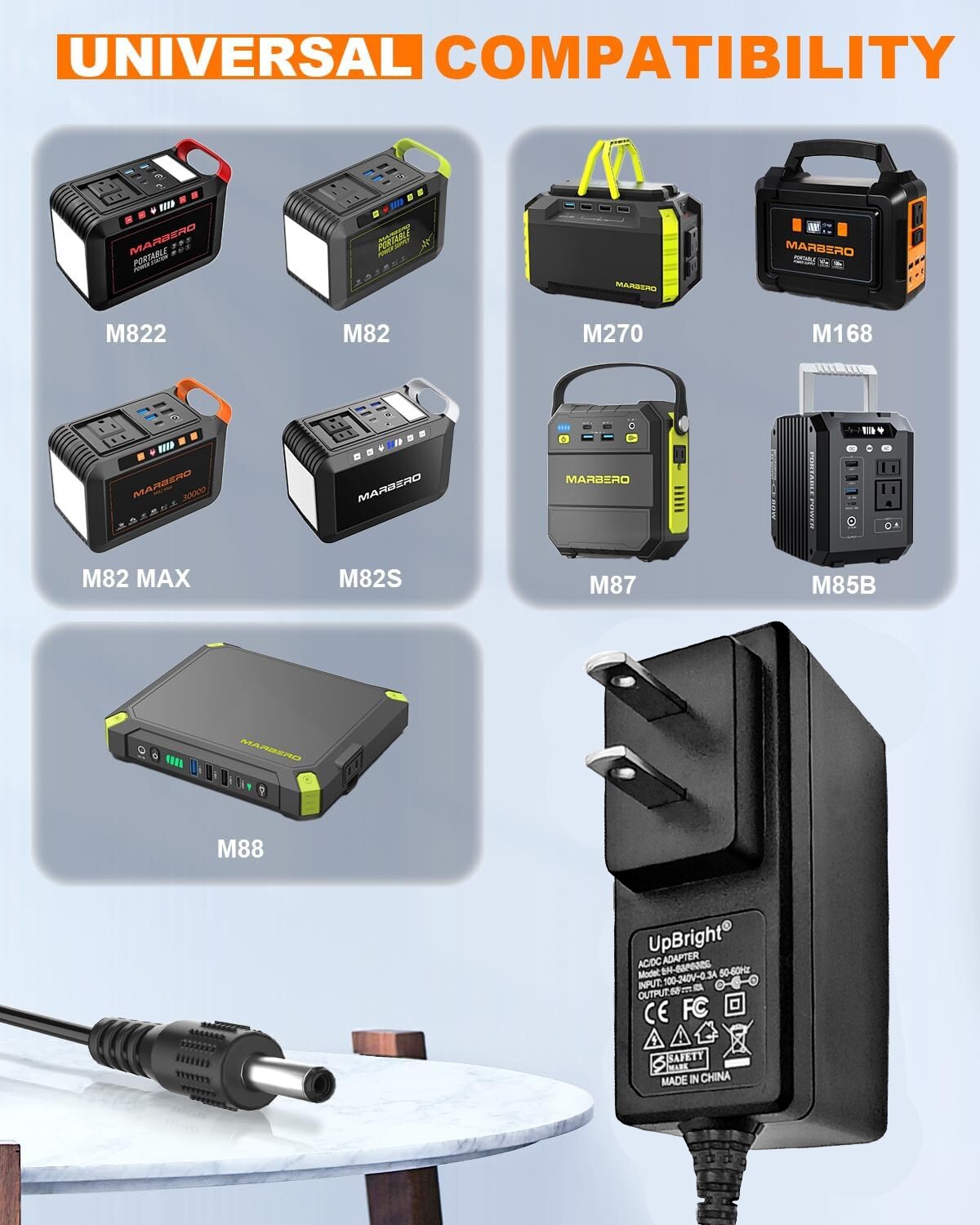 19V AC Adapter for MARBERO M82 M822 M87 M88 M168 Portable Power Station Charger