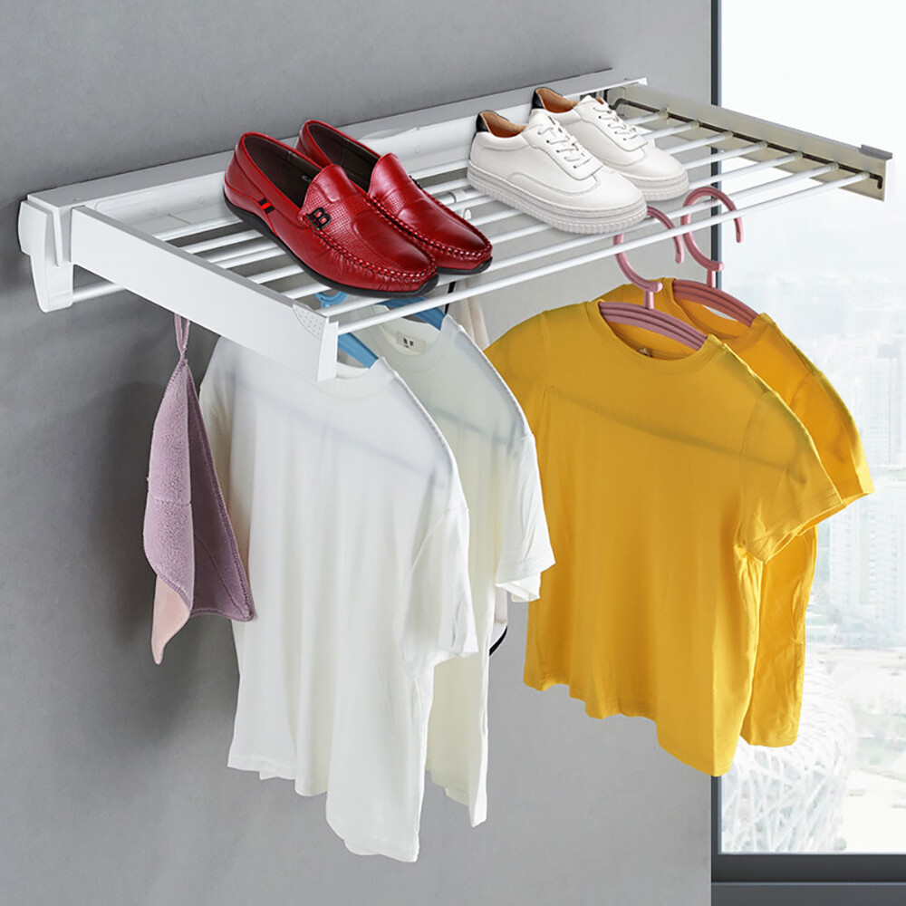 Wall-mounted Laundry Clothes Storage Drying Rack Retractable Dryer Hanger White
