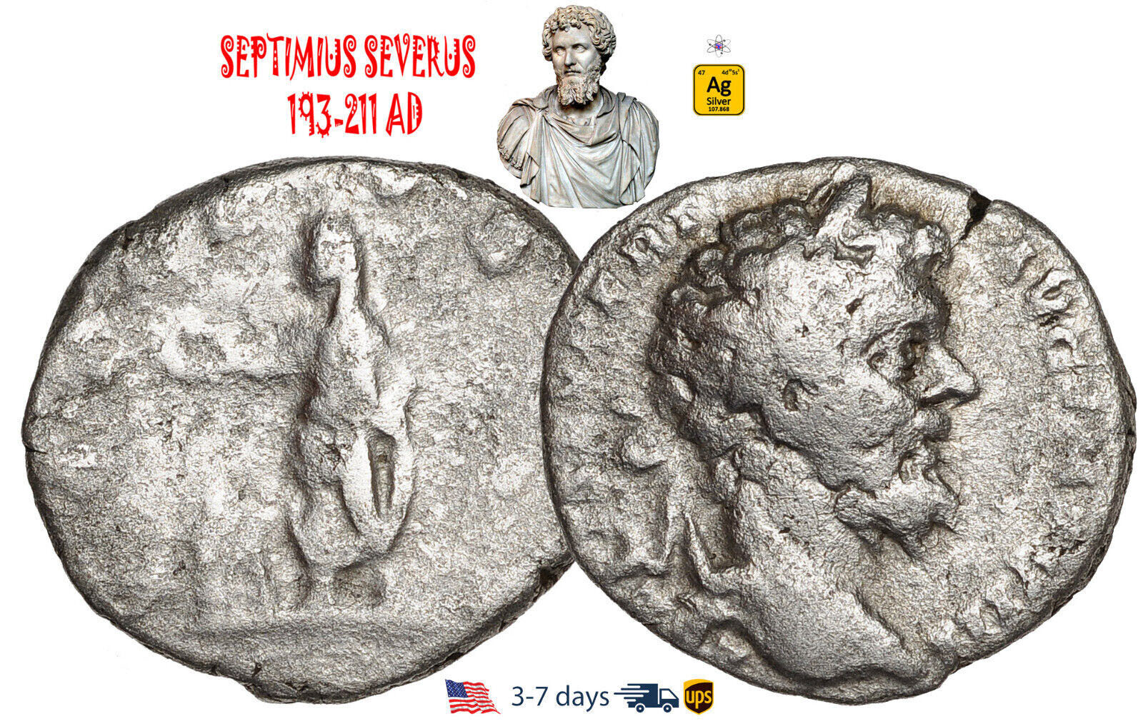 Ancient Roman Empire Coin Silver Denarius Septimius Severus 193 - 211 AD #30741