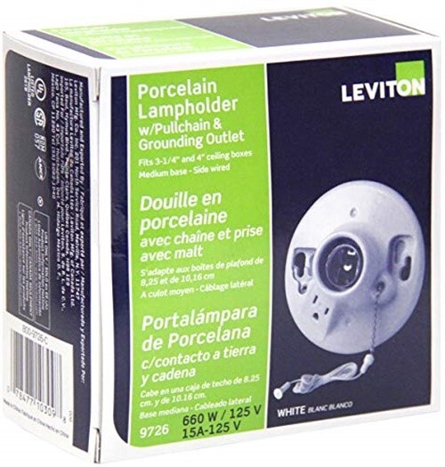 Leviton 09726-00C White Porcelain Incandescent Medium Base Pull Chain Socket