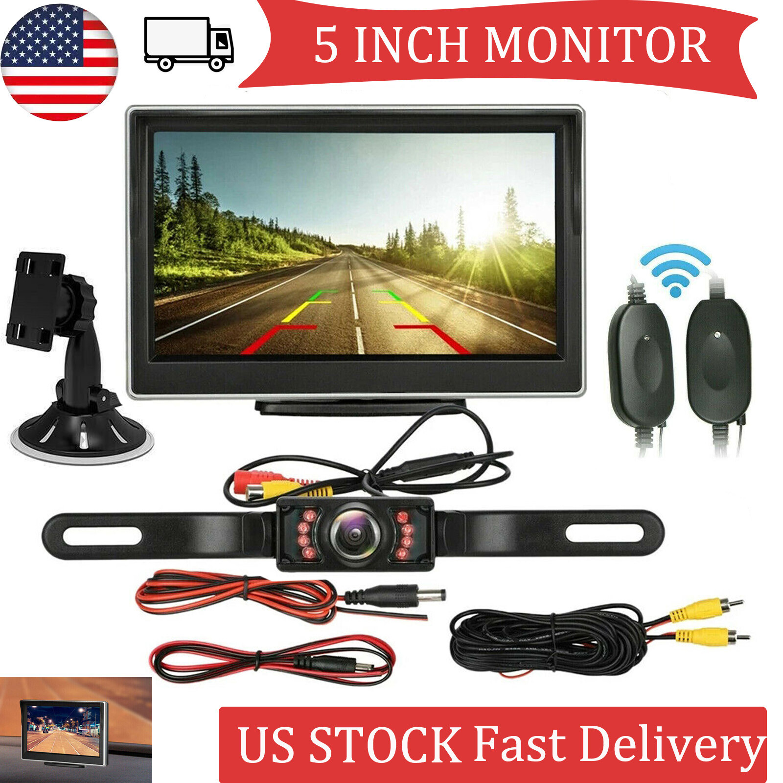 5" Monitor Backup Camera Car Rear View Wireless HD Parking System Night Vision