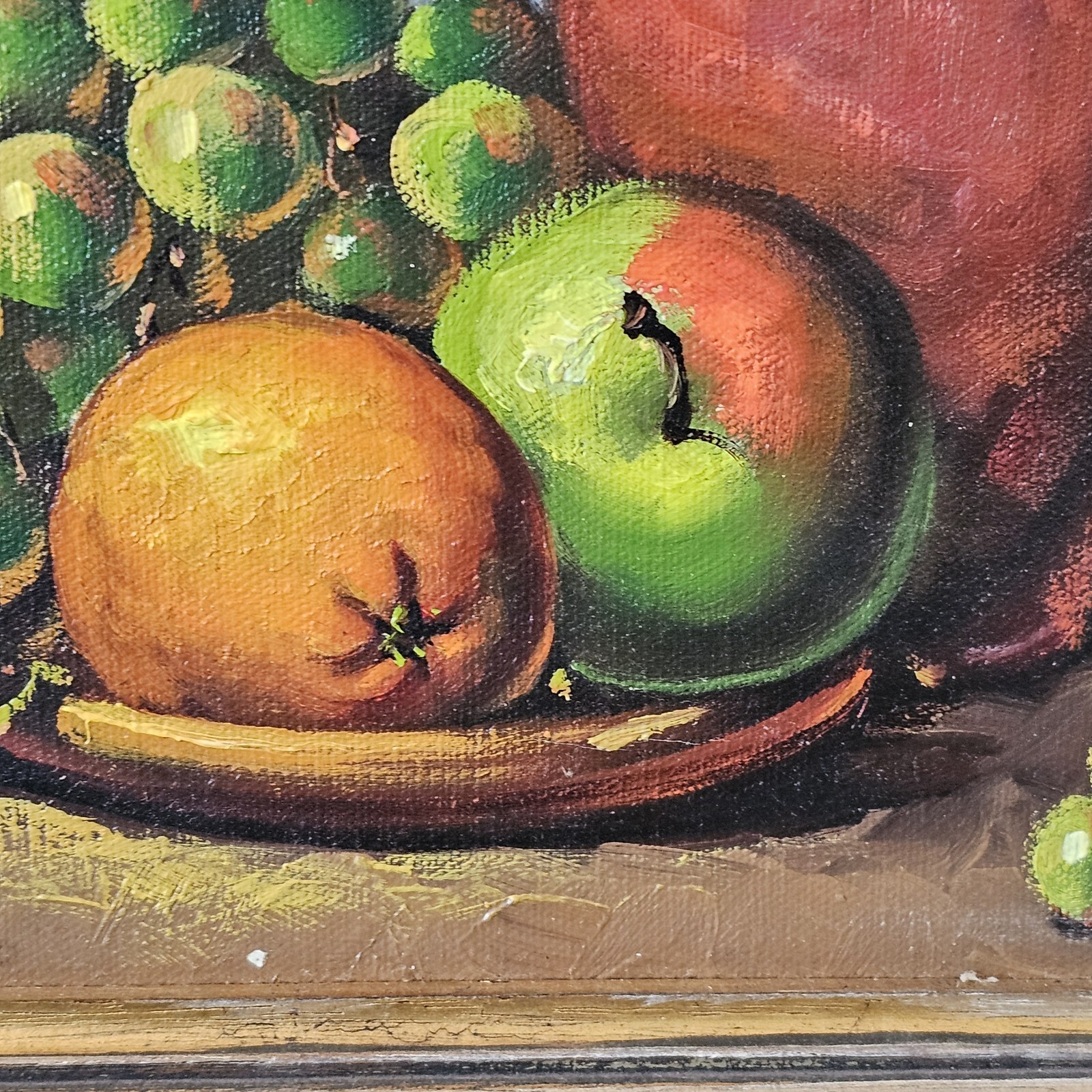 Vintage Still Life Fruit Bowl Oil Painting Apple Canvas Wood Frame Midcentury