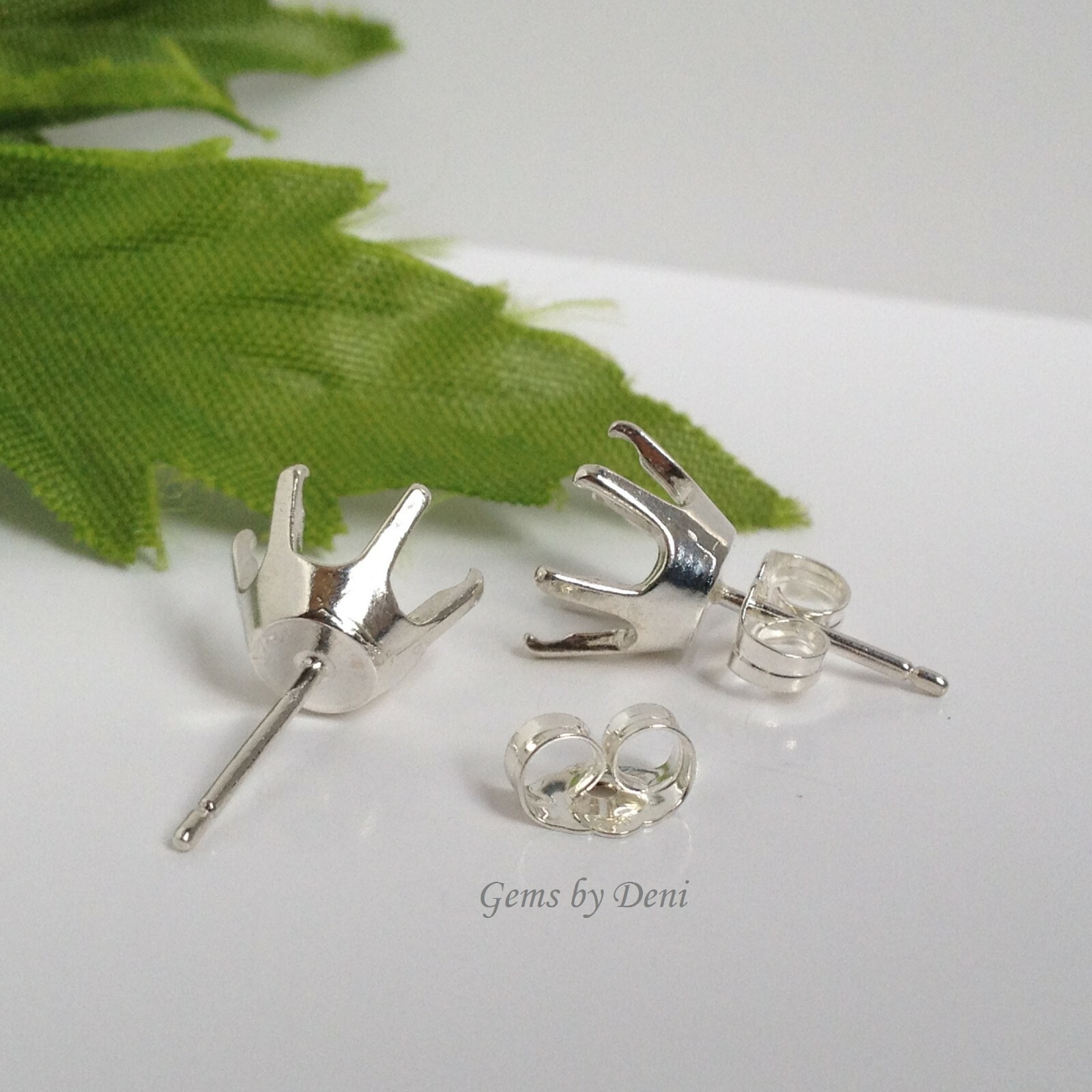 Two Round 6-Prong Solid Sterling Silver Pre-Notched Earring Settings (3mm-8mm)