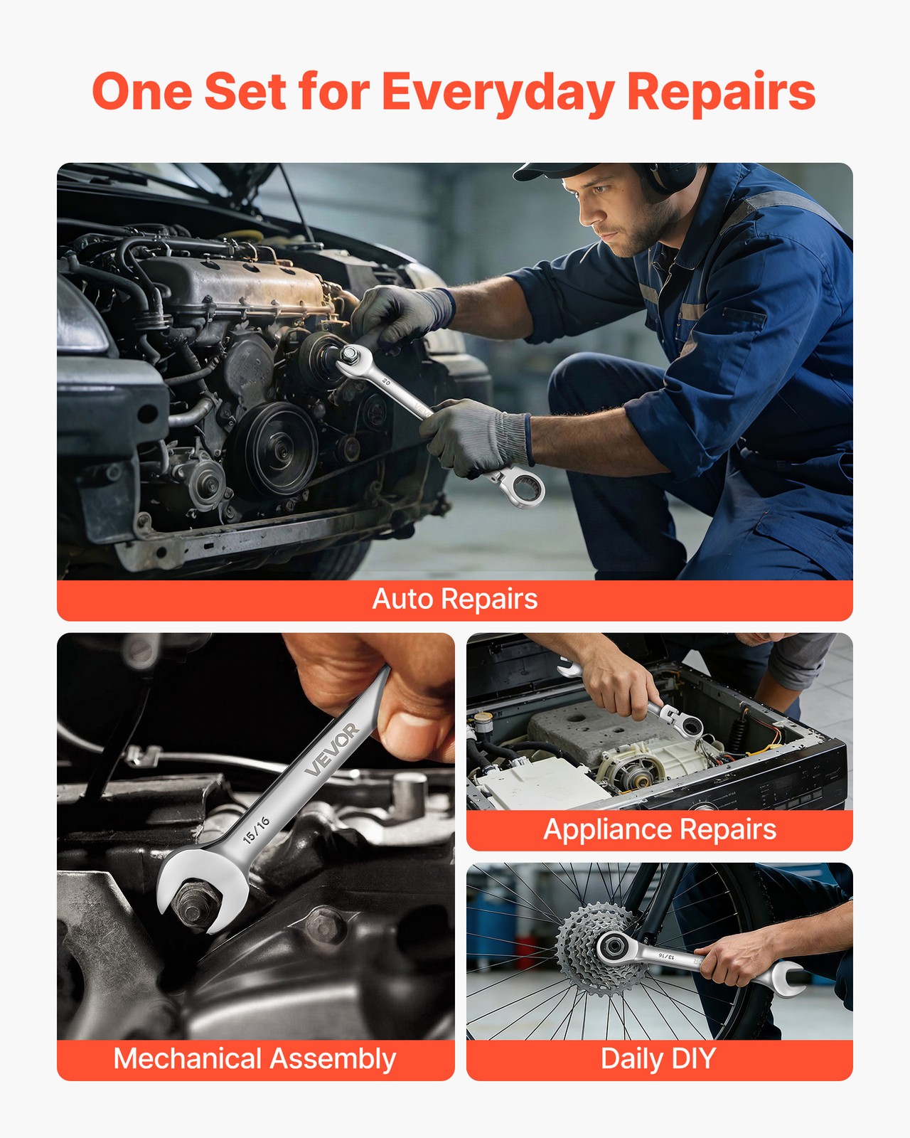 VEVOR Flex-Head Ratcheting Wrench Set Combination Wrench Set 30-Piece SAE Metric