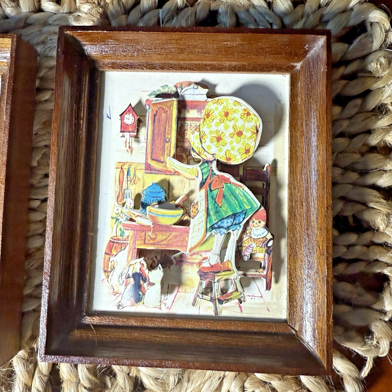 Holly Hobbie Style 3-D Art Decoupage Wooden Frame Set of 2 Christmas 1984