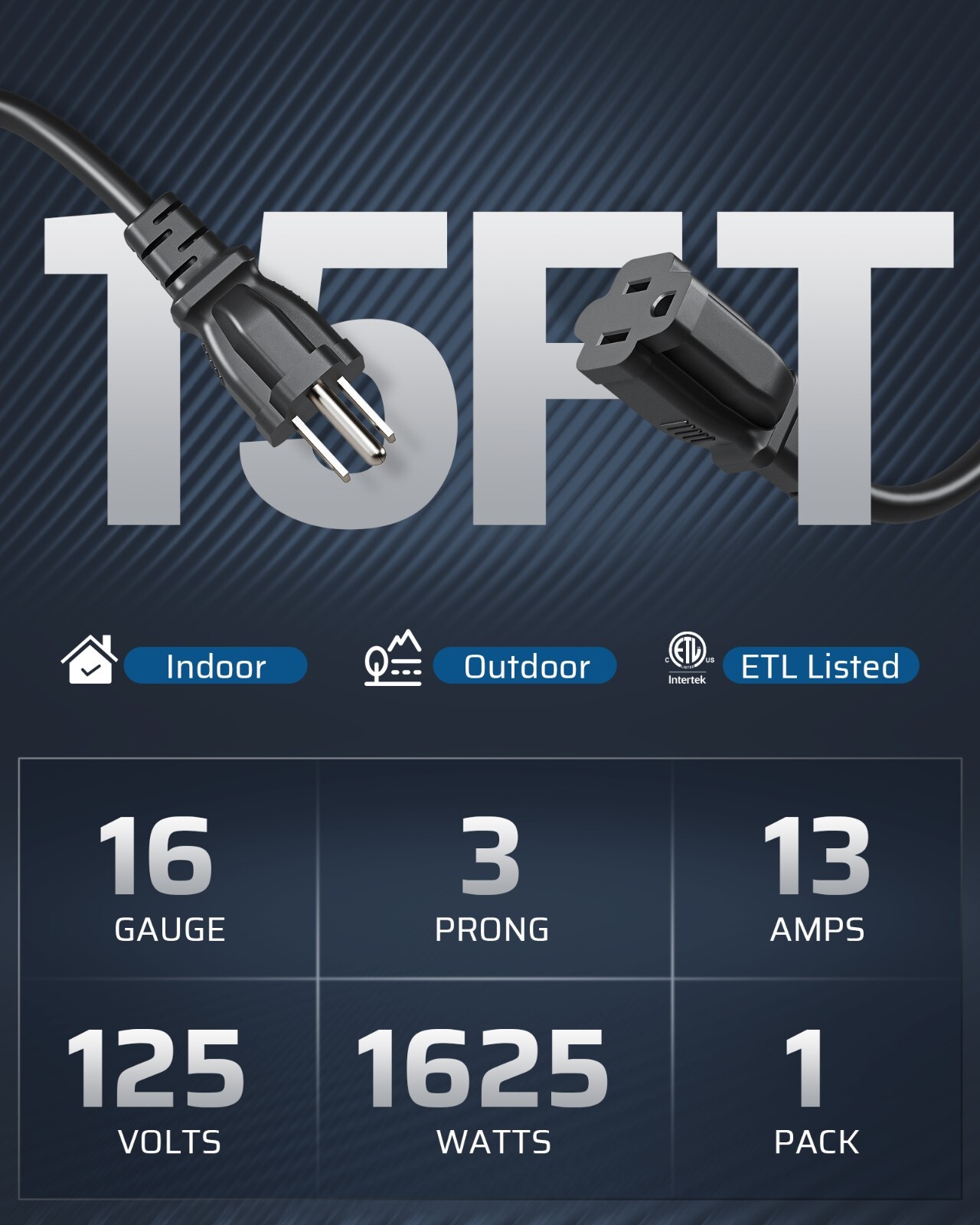 DEWENWILS Outdoor Extension Cord 15 FT, 3 Prong Indoor Outdoor 16/3 SJTW, 1 Pack