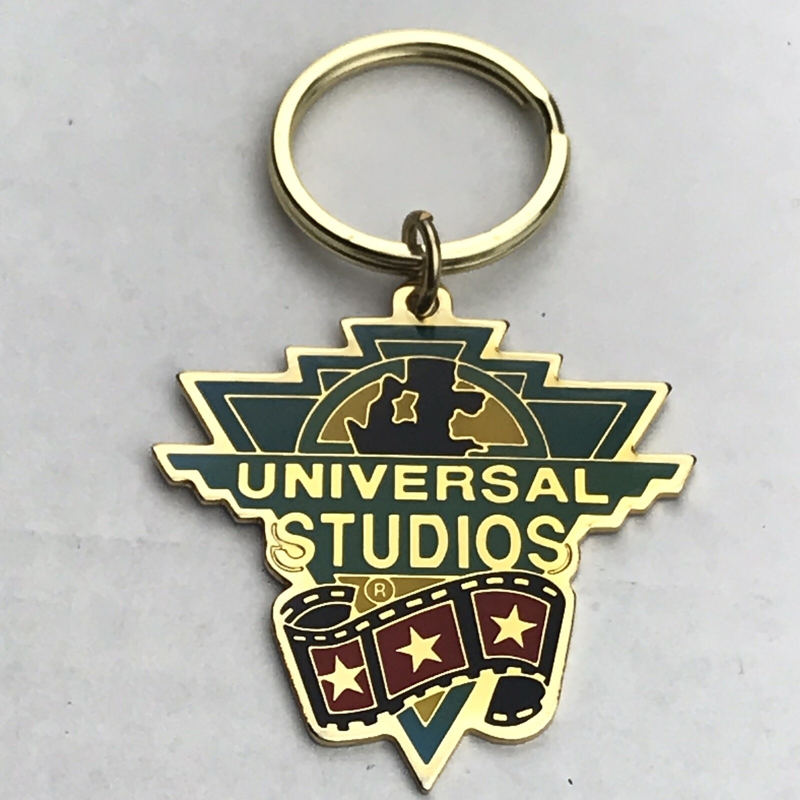 Universal Studios Gold Tone Keychain Key Fob Ring Souvenir Globe Logo Hollywood