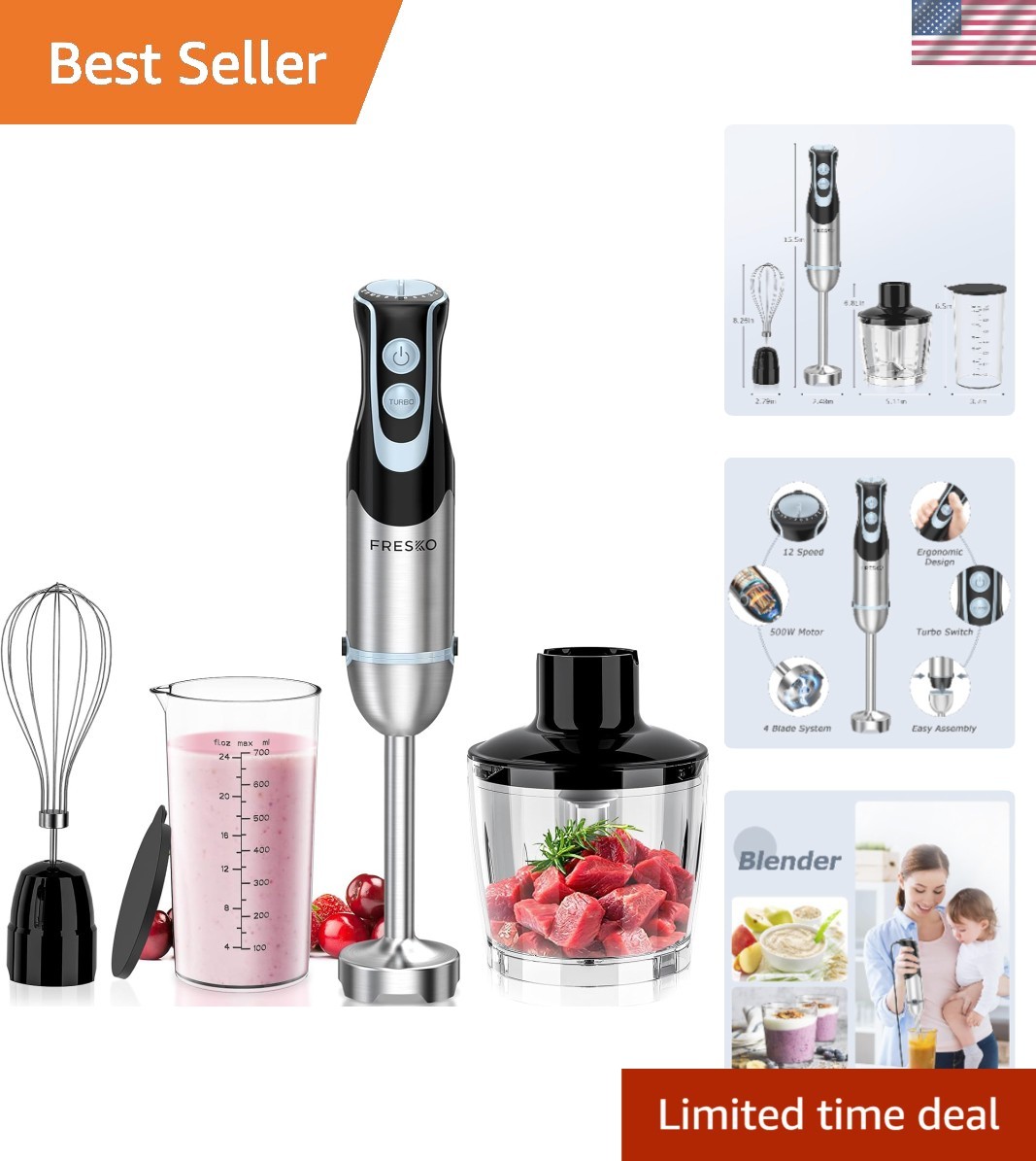 500W 4-in-1 Stainless Steel Immersion Blender with 12 Speeds & Turbo Function