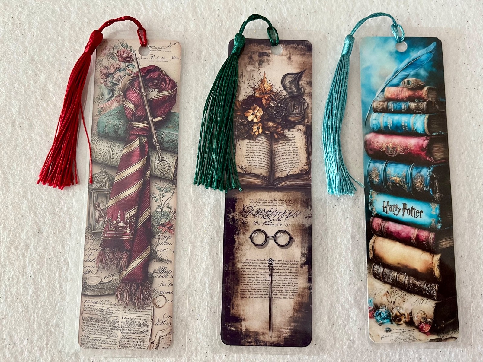 HARRY POTTER COLORFUL VARIETY OF BOOKMARKS set of 3 LAMINATED WITH TASSELS