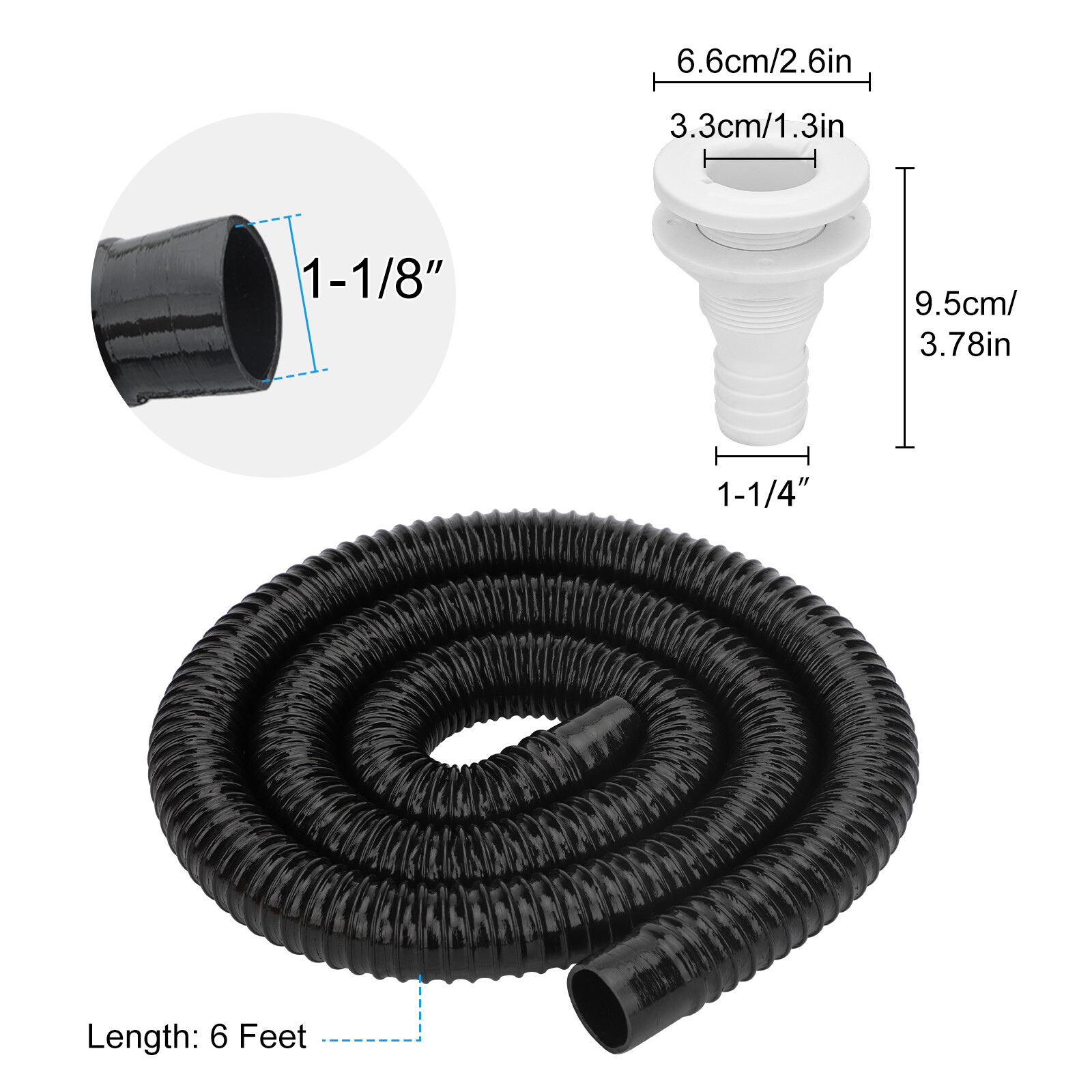 1-1/8" Dia 6ft Bilge Pump Hose with Seal Clamp Thru-Hull Fitting for Boat Marine