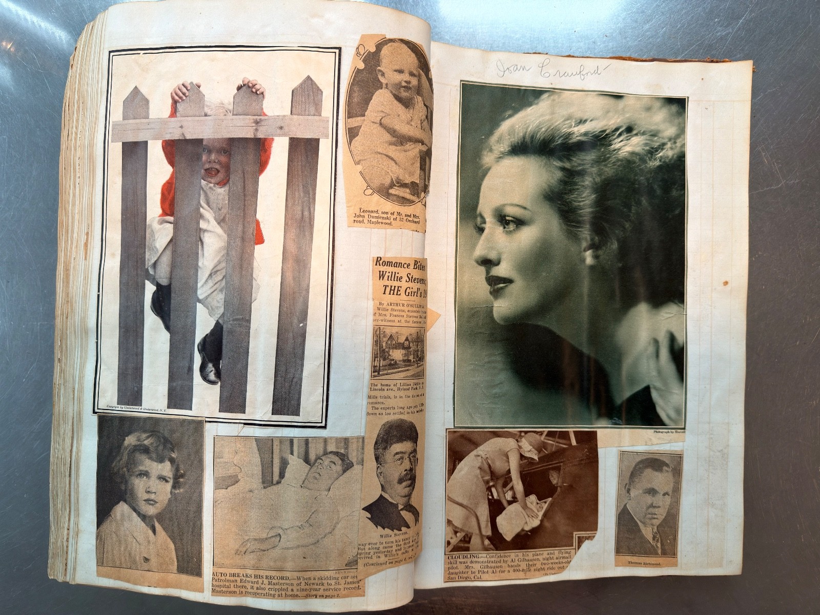 Large Newspaper Clipping Scrapbook NY/NJ 1920s-30s on 1840s Leatherbound Ledger