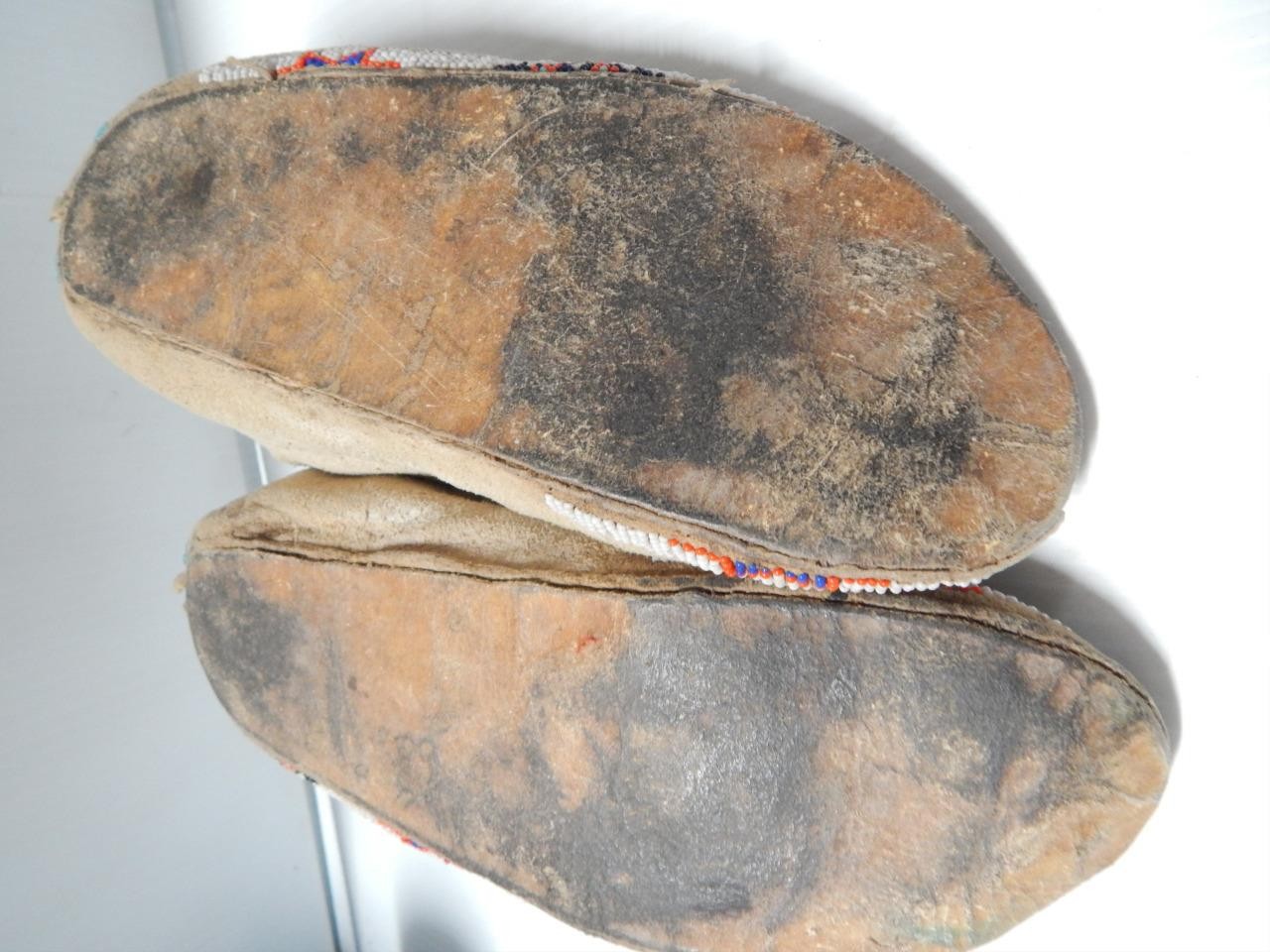 ANTIQUE VINTAGE KIOWA INDIAN BEADED MOCCASINS - HARD SOLES - BRAIN TANNED