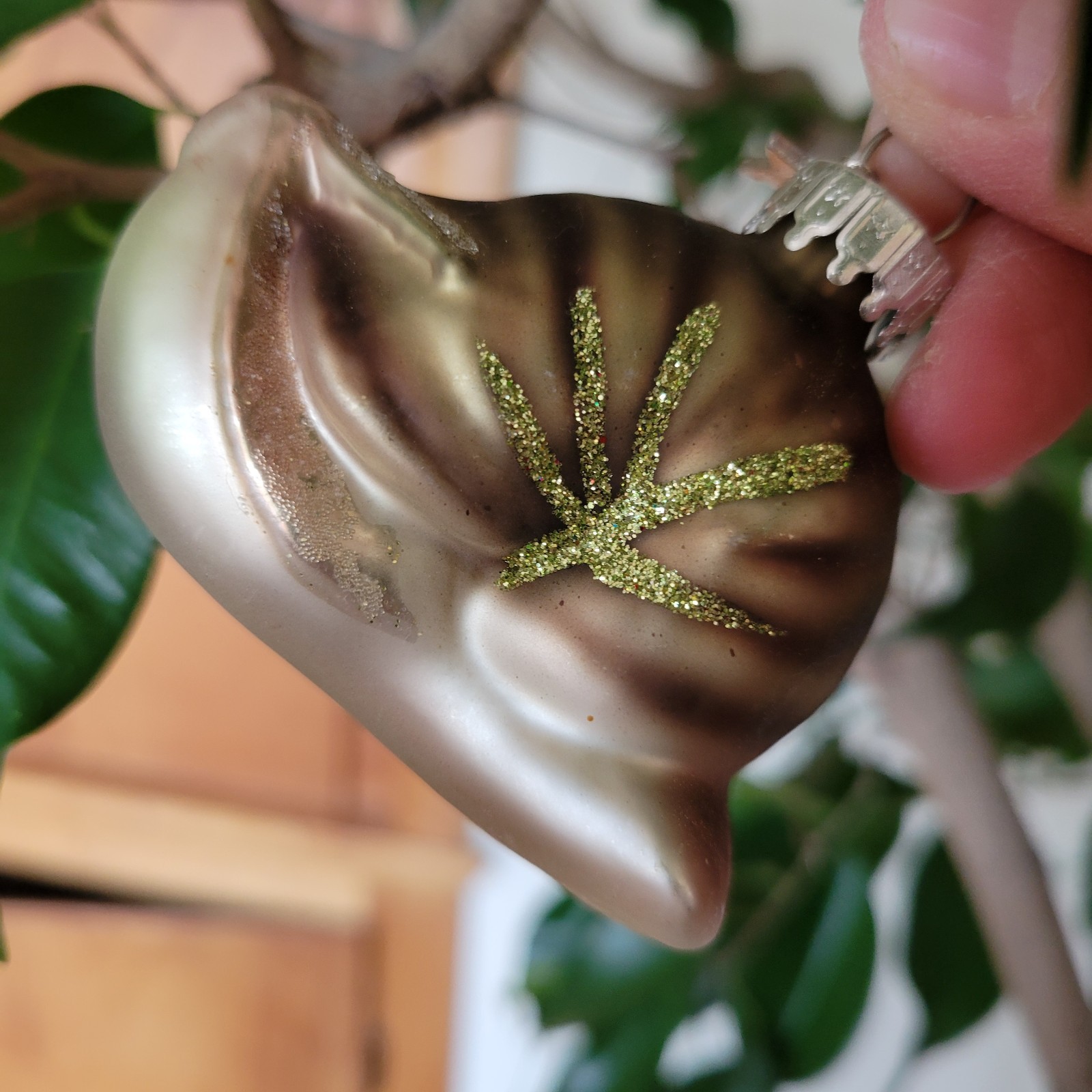 Midwest CBK Glass Brown Green Snail Mollusk Christmas Tree Ornament Glitter