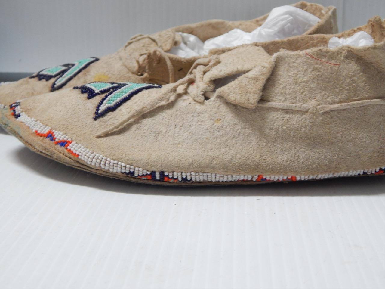 ANTIQUE VINTAGE KIOWA INDIAN BEADED MOCCASINS - HARD SOLES - BRAIN TANNED