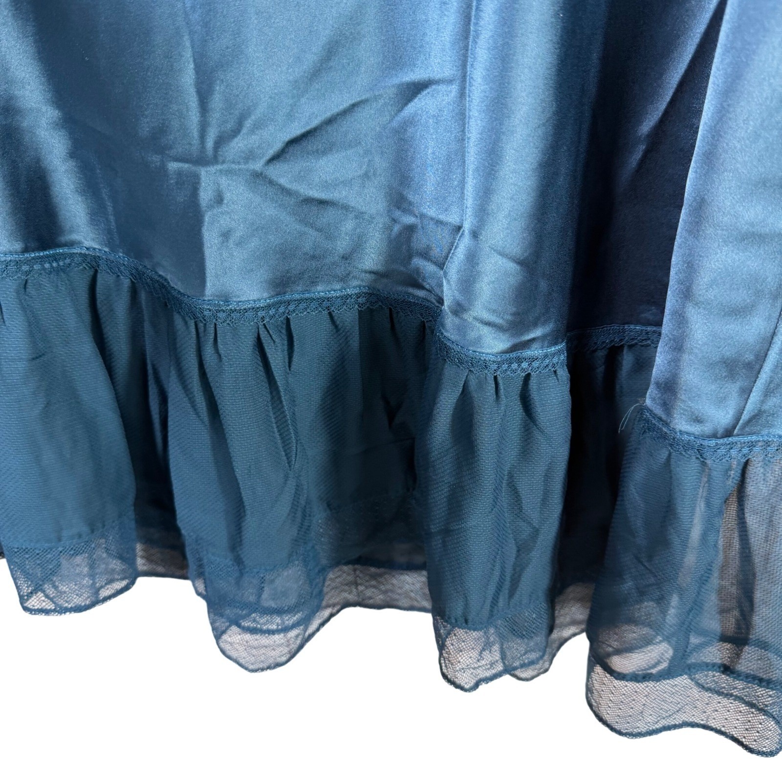 Victoria's Secret Angels Slip Dress Nightie S Teal Satin Lace Trim Ruffle Hem