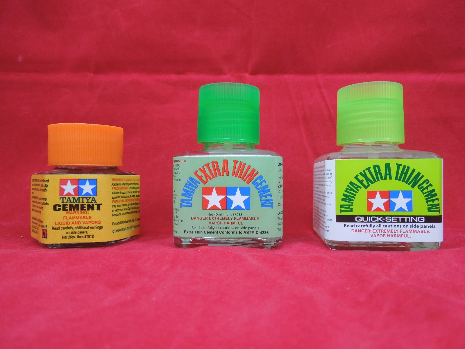 TAMIYA 87038 EXTRA THIN CEMENT+ 87182 QUICK SETTING PLASTIC + 87012 PLASTIC GLUE