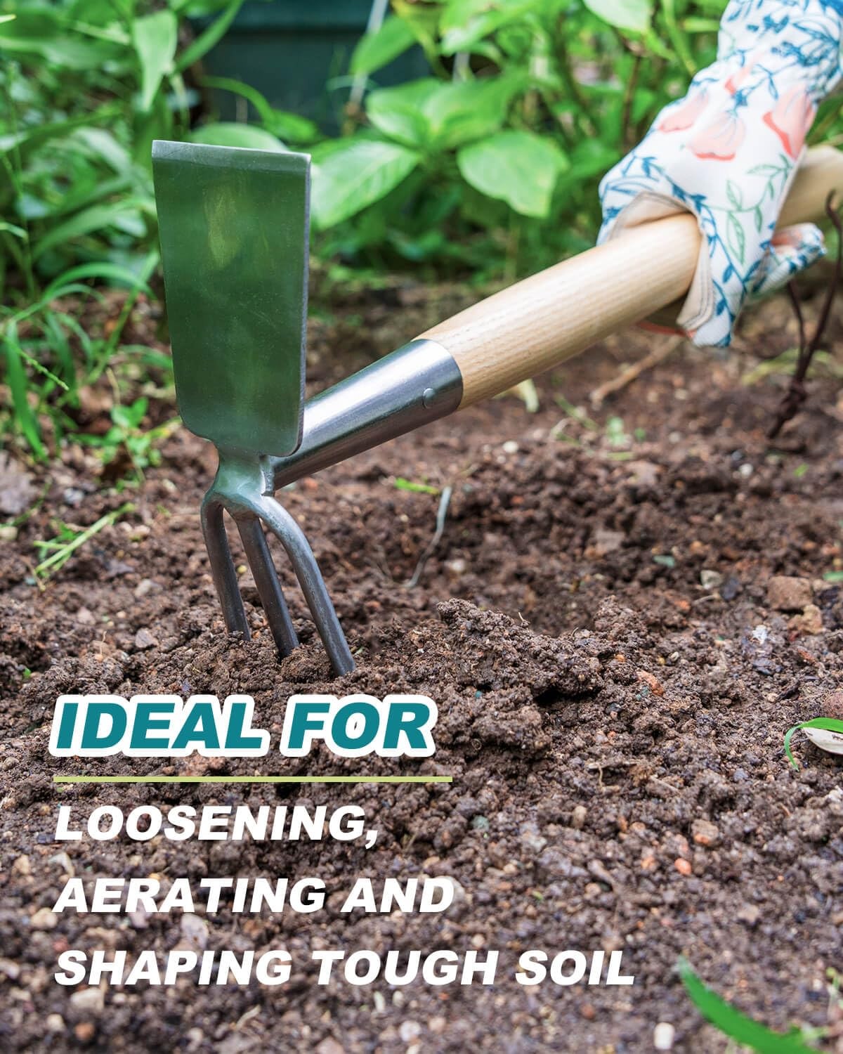 Hoe and Cultivator Garden Rake Hand Tiller Tool Wood Handle Double Sided Cult...