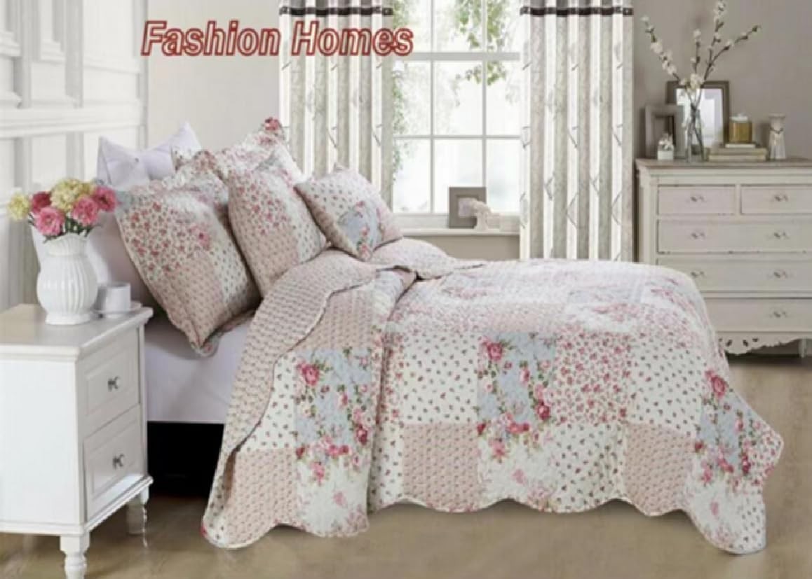 3-Piece Queen Size Printed Patchwork Quilt Set - Pink Flower Floral Polka Dots