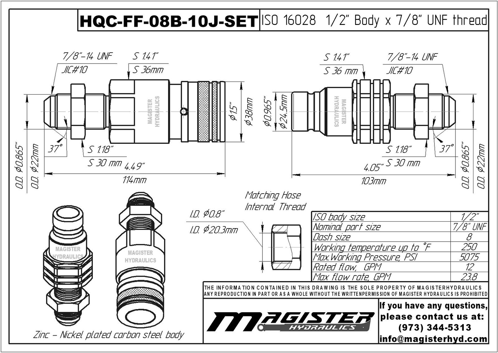 1/2″ Flat Face Hydraulic Quick Couplers Set - 5/8″ JIC Thread Bulkhead Mount