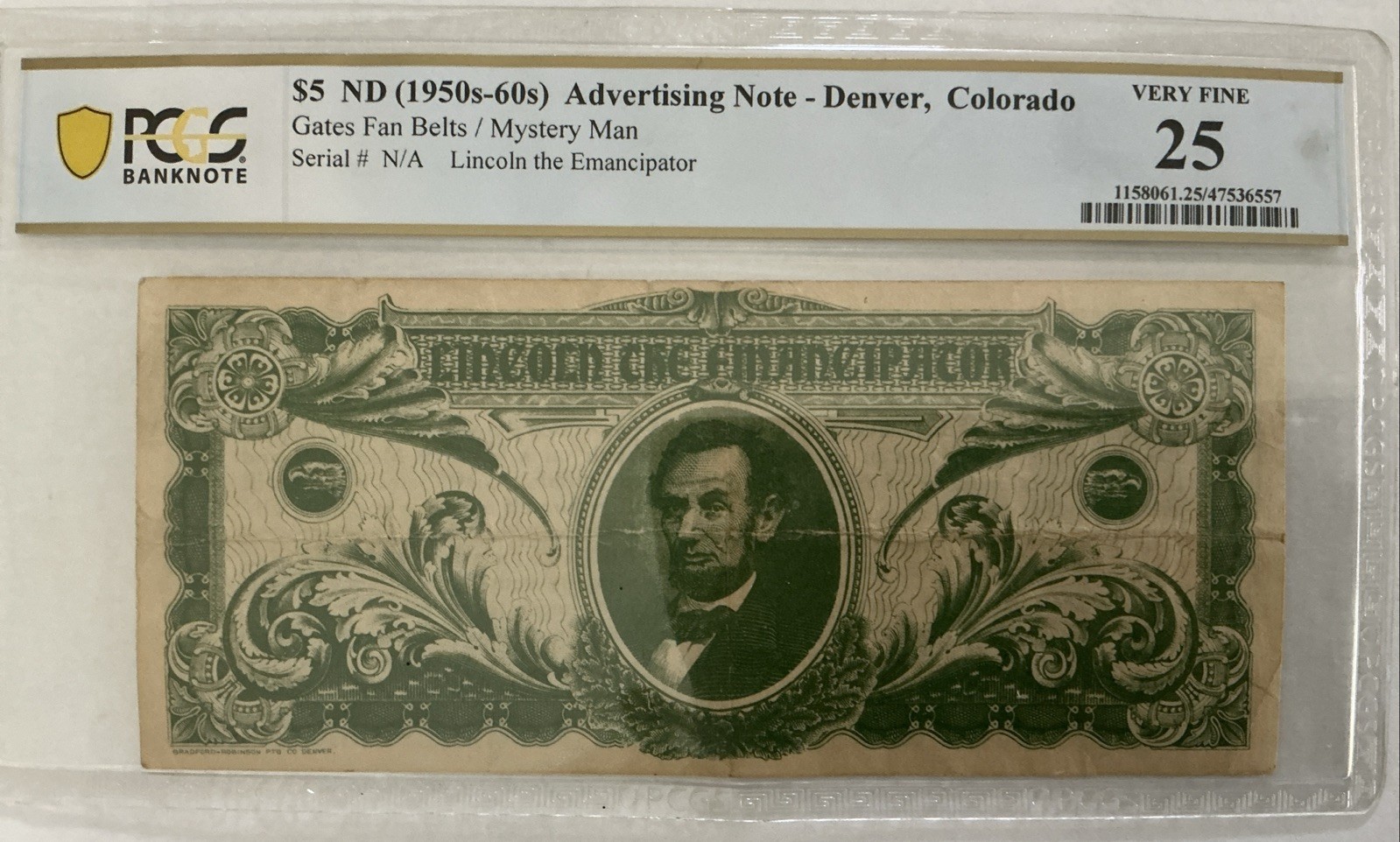 $5 ND 1950-60 Advertising Note Denver Colorado Lincoln The Emancipator