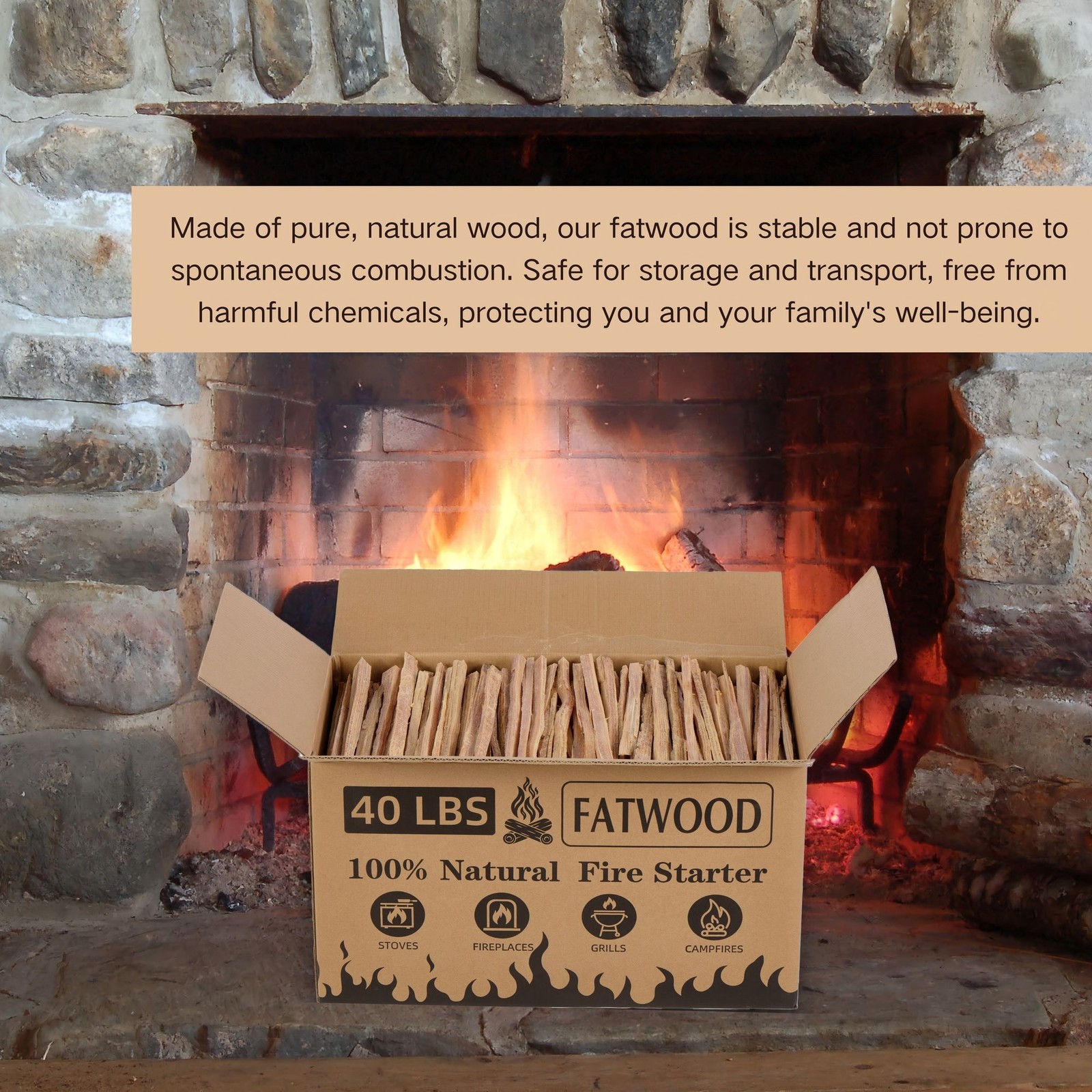 40 LB Natural Fatwood Fire Starter Kindling Sticks - Wood Stove Fireplace