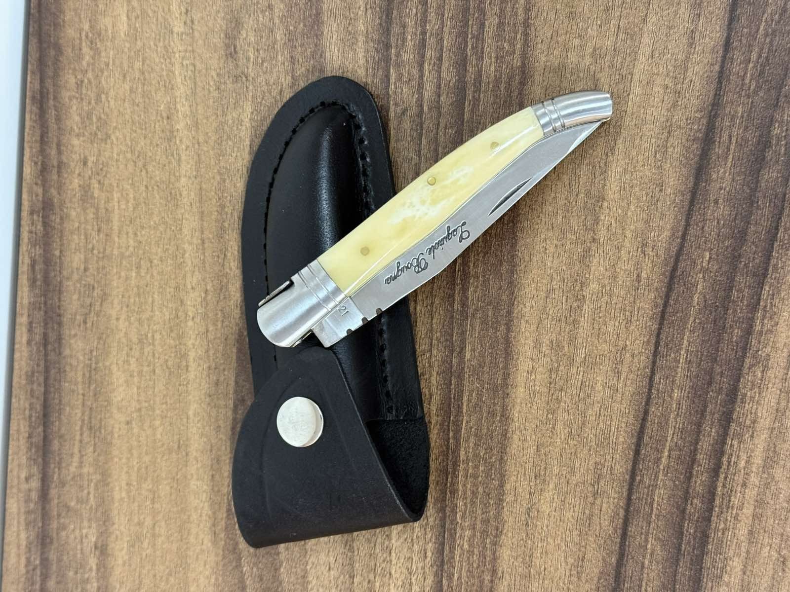 Vintage Laquiole Pocket Knife Blade Steel Antler Handle Leather Sheath Mens Rare