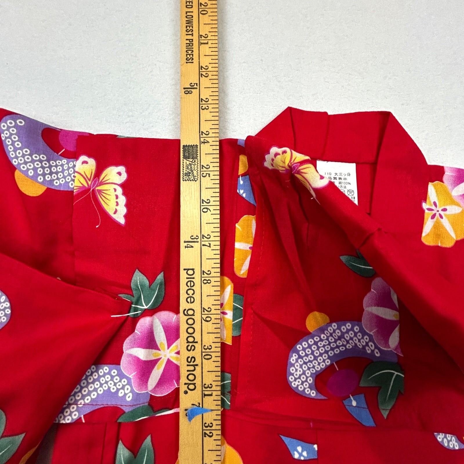 Japanese Summer Yukata Kimono Girls 32”L Red Floral Butterfly New 100% Cotton