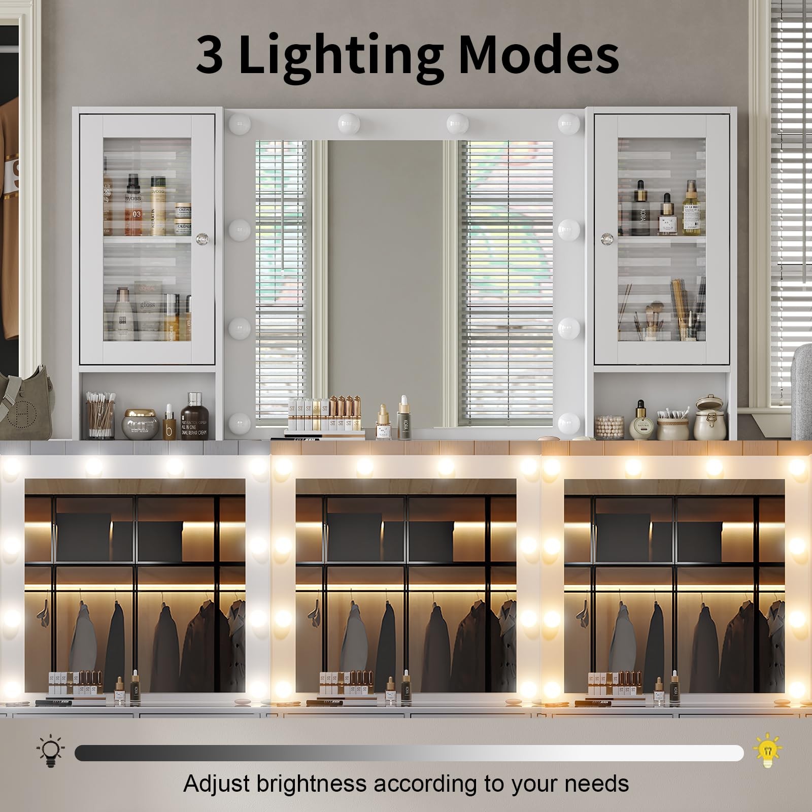 Vanity with Mirror w 10 LED Lights, Makeup Vanity w 12 Drawers，White Vanity desk