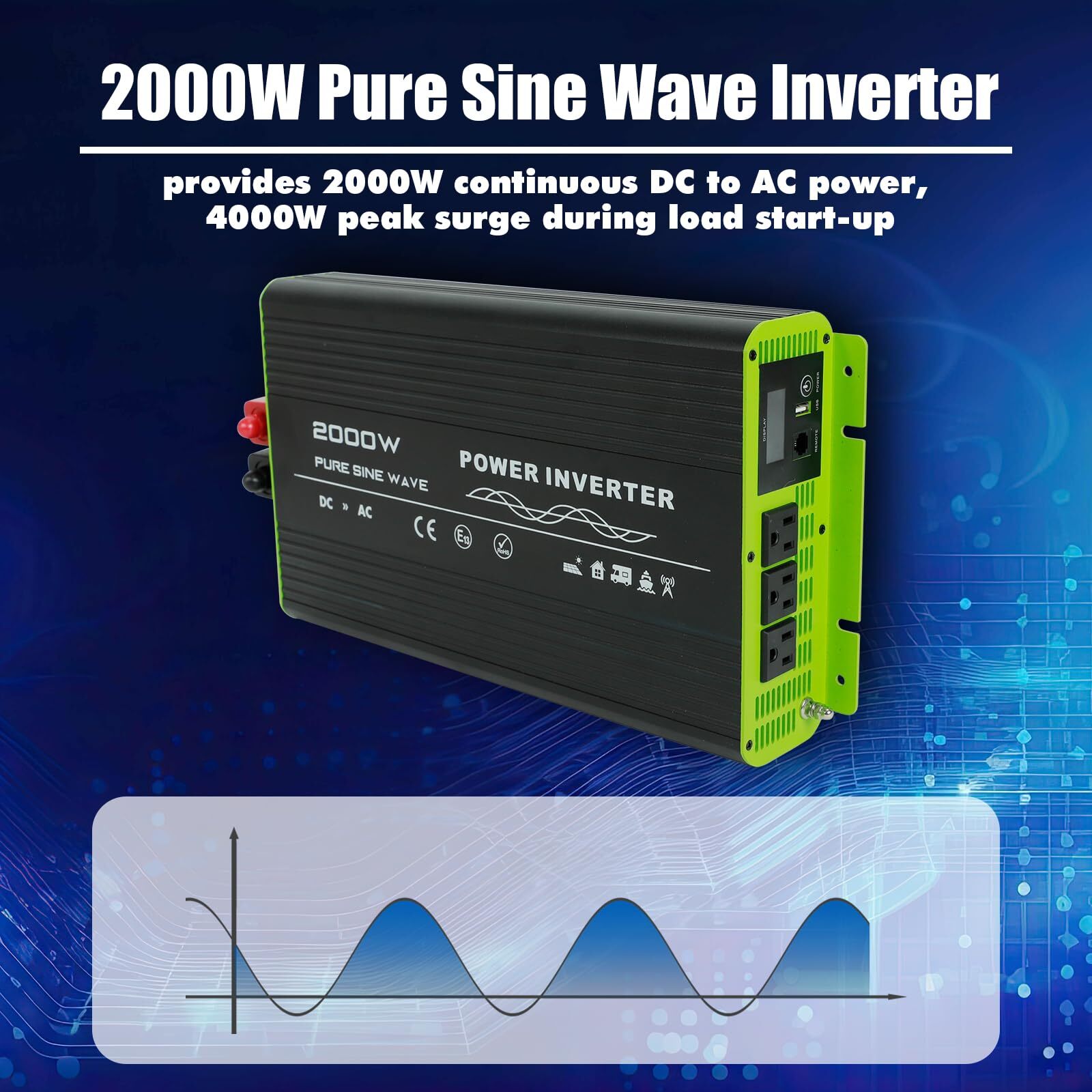 for RV Camper 2000W Pure Sine Wave Inverter 12V DC to 110V AC Converter