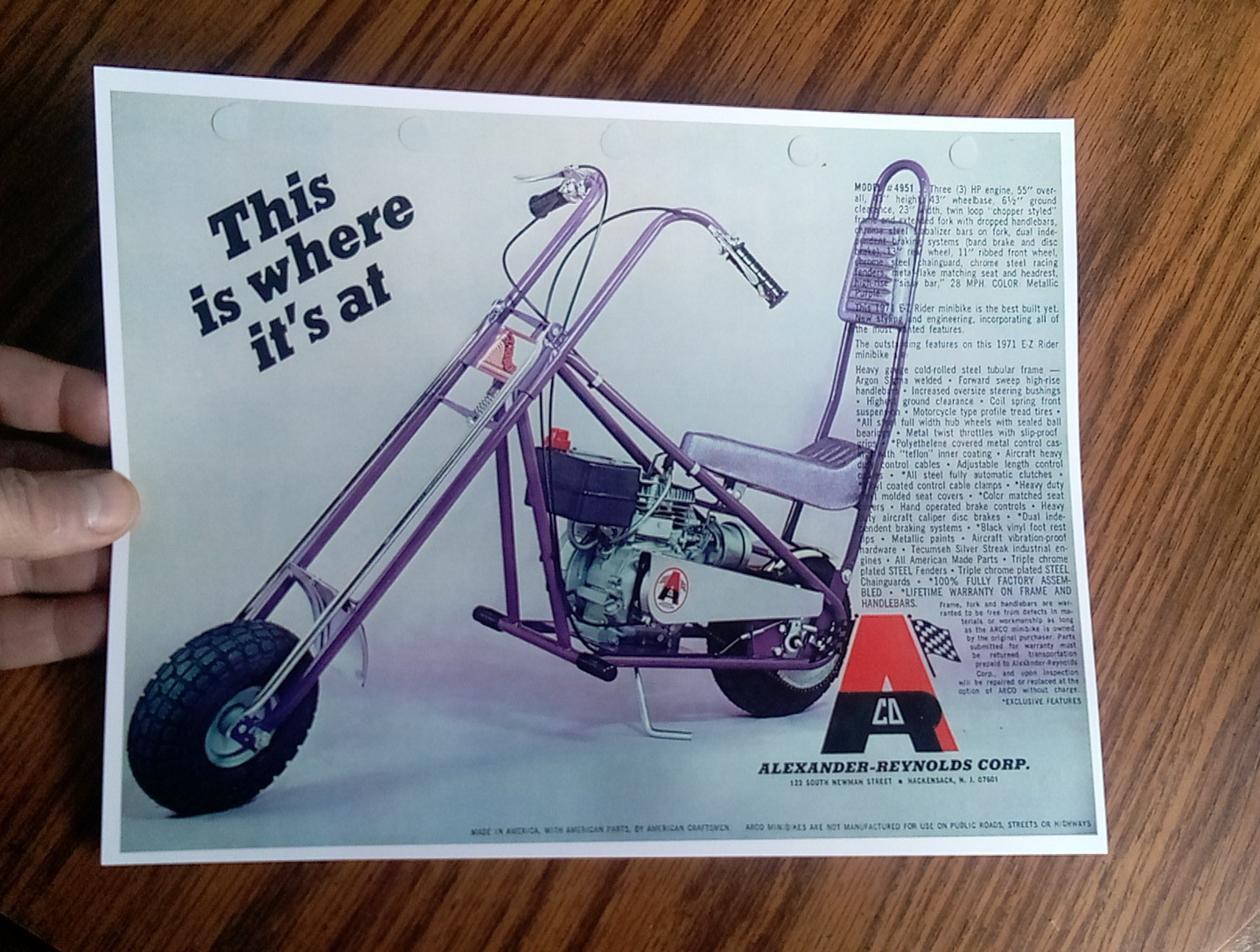 Vintage Alexander Reynolds Corp ARCO Model 4951 Mini Bike Brochure Ad Reprint