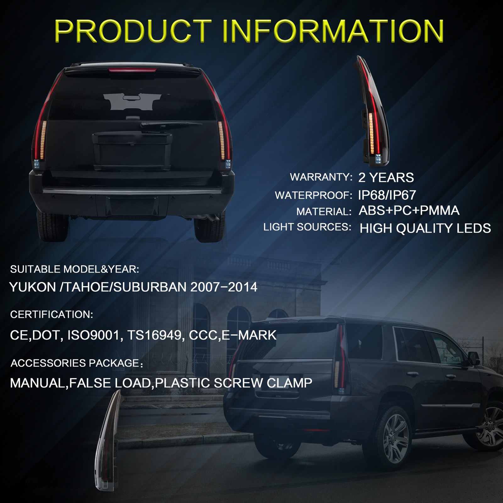 VLAND Smoked LED Tail Lights For 2007-2014 Chevy Suburban/Tahoe/GMC Yukon Pair