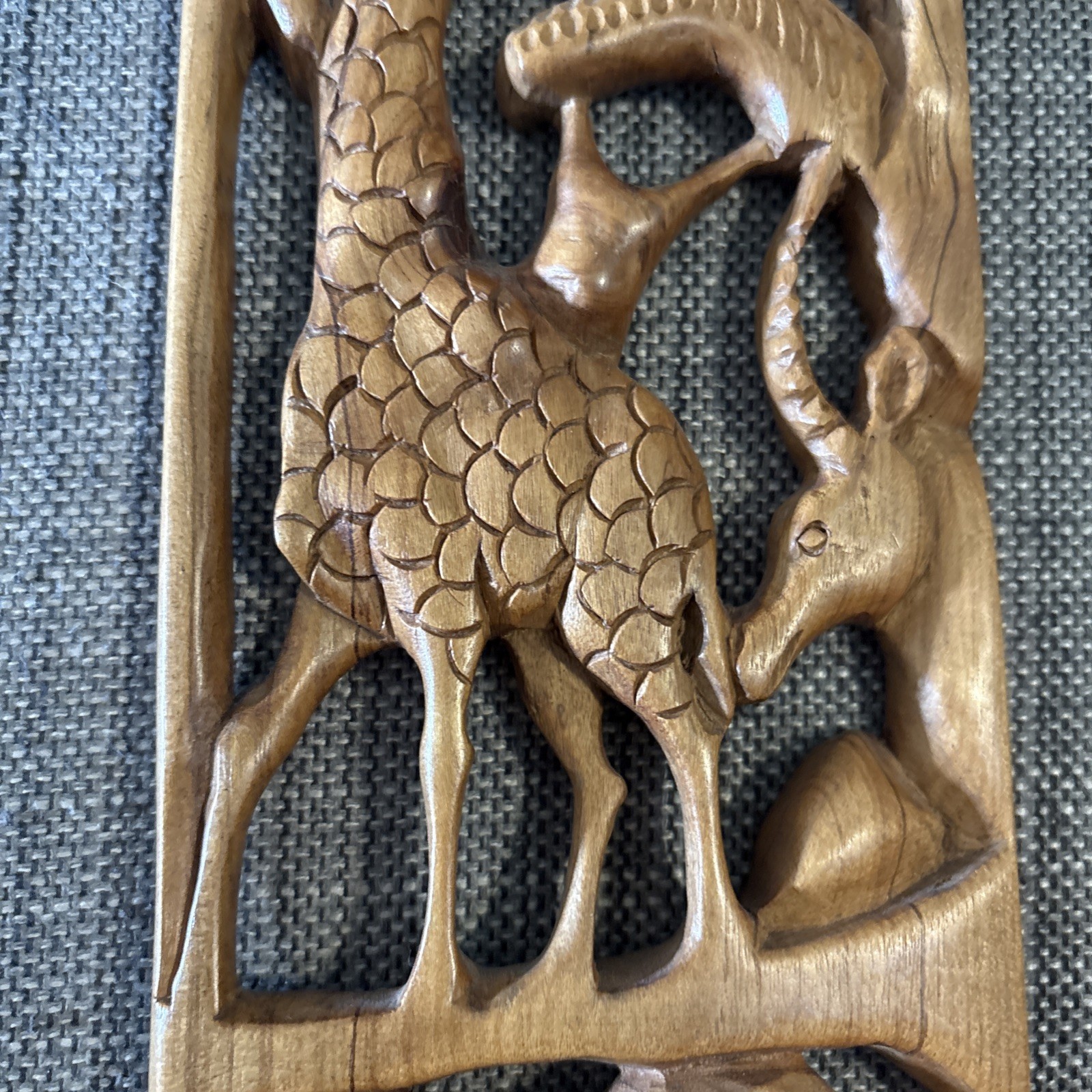 Vintage African Wood Carved Animal Wall Art Panel 18.25” Tall 4.25" Wide