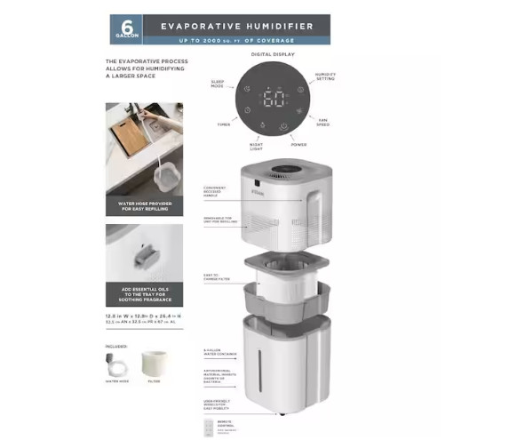 Vissani 6 Gal. Evaporative Humidifier for Whole House in White