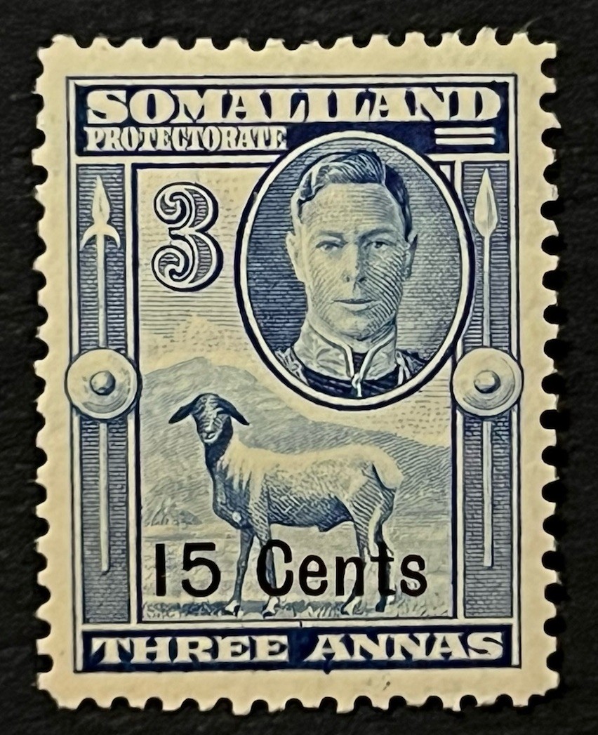 Travelstamps: 1942 Somaliland Stamps Sc #118 Sg 107 - 15c on 3 Annas KGVI MOGH