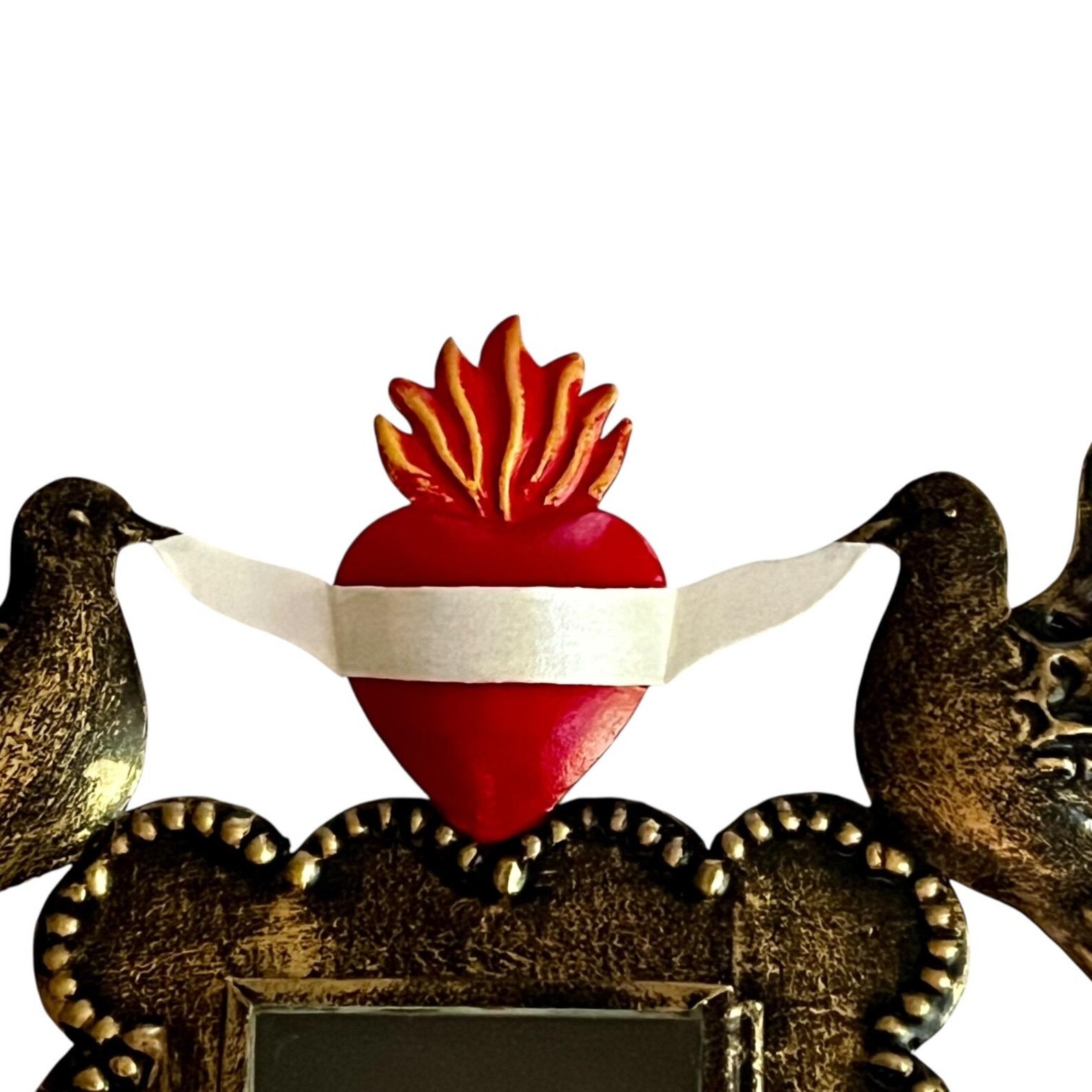 SACRED HEART Frame with Doves, Mexican Tin Heart Nicho, Shadowbow