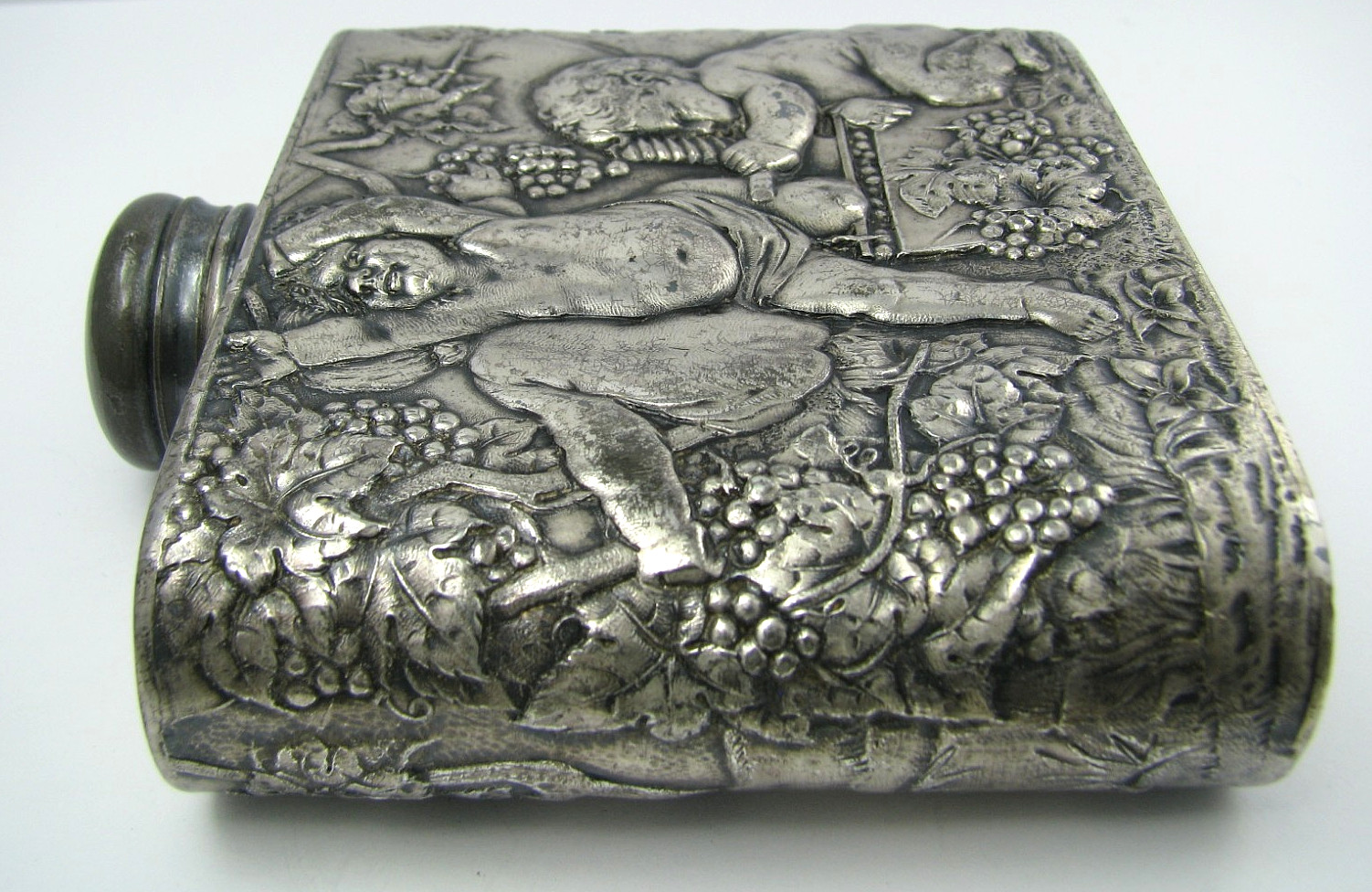 ANTIQUE SILVER PLATED FLASK LIQUOR FLASK Tipsy Cherubs Angels 1870s No Mono Rare