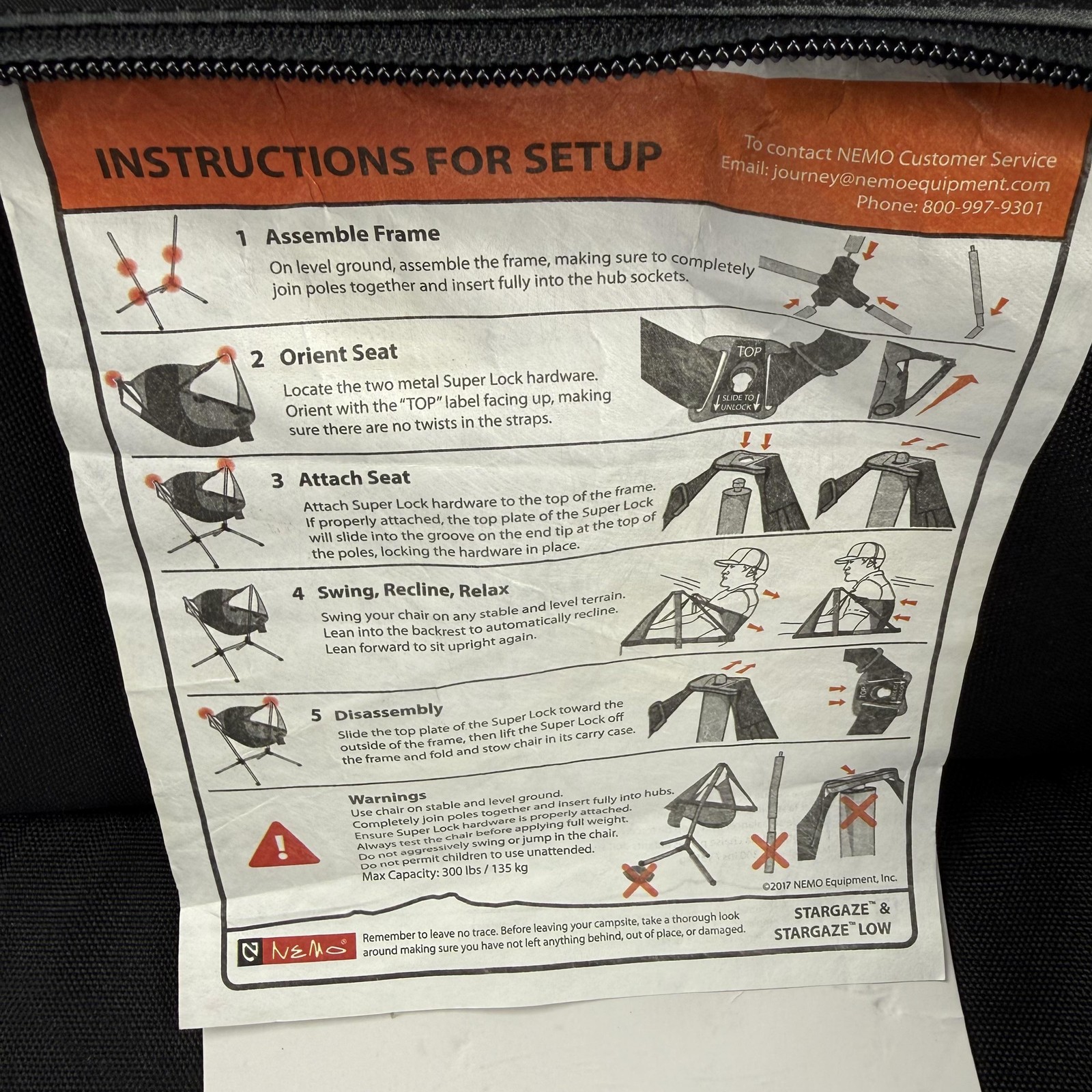 NEMO Stargaze Recliner Camping Chair Black Swinging Hammock 300lb Limit Aluminum